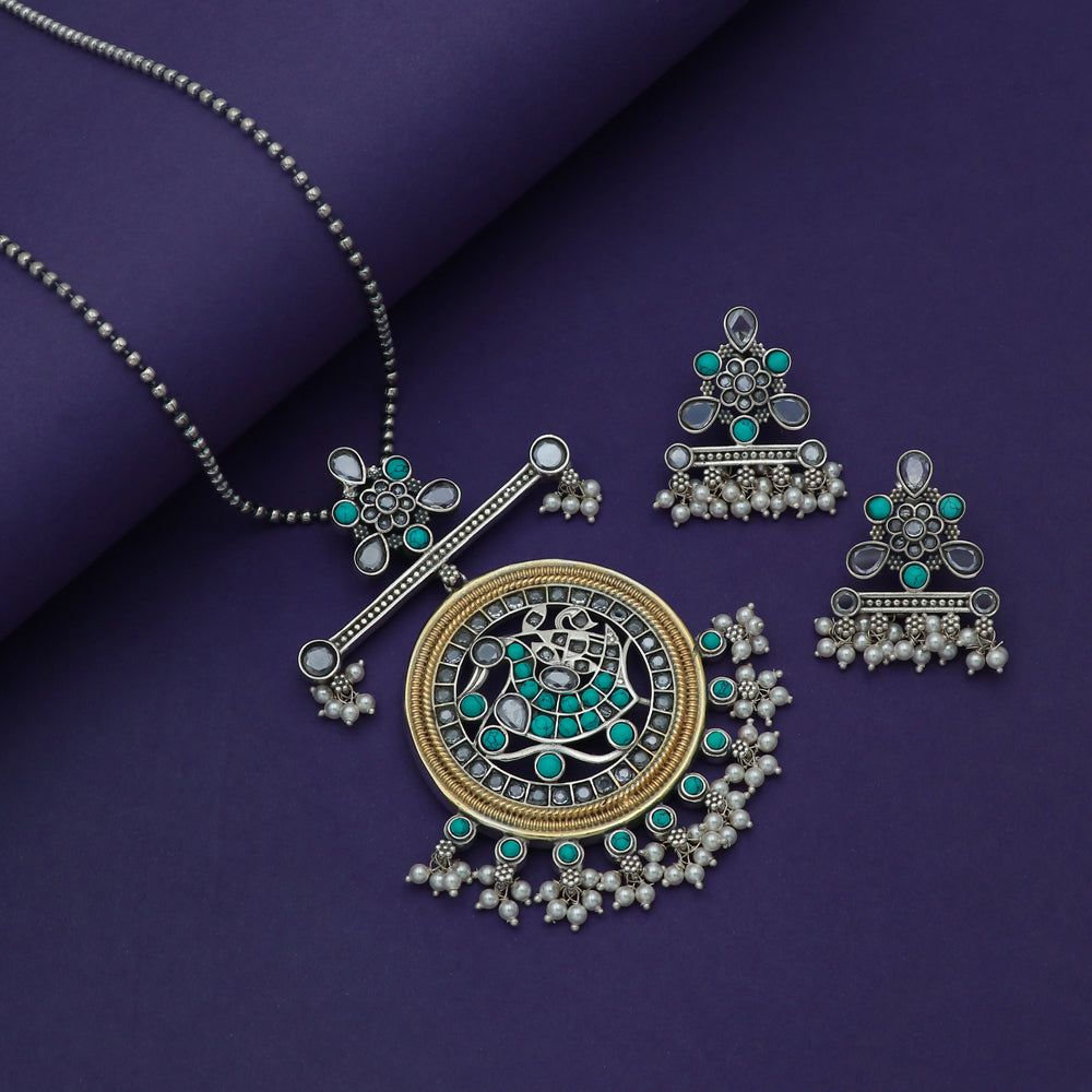 Silver Dual Tone shaped pendant and earring set