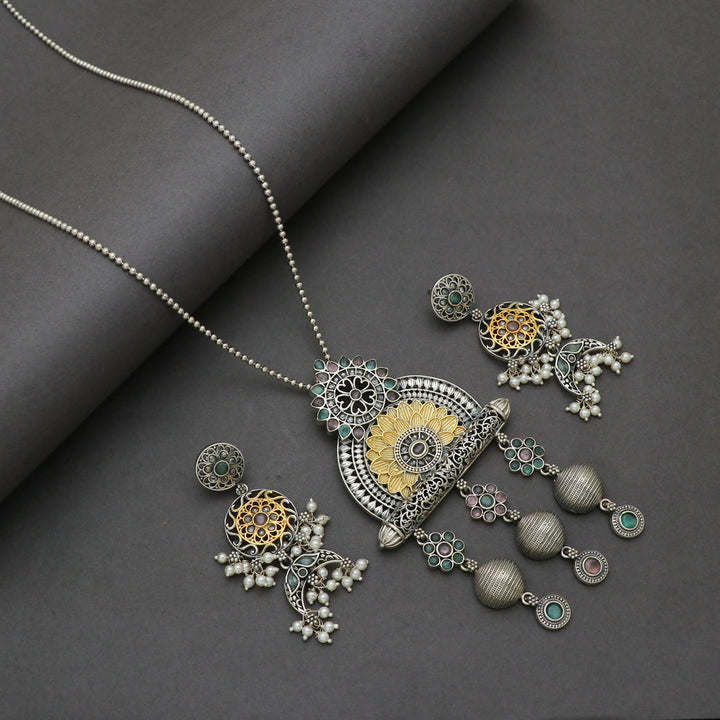 Silver Multicolor Pendant and earring Set