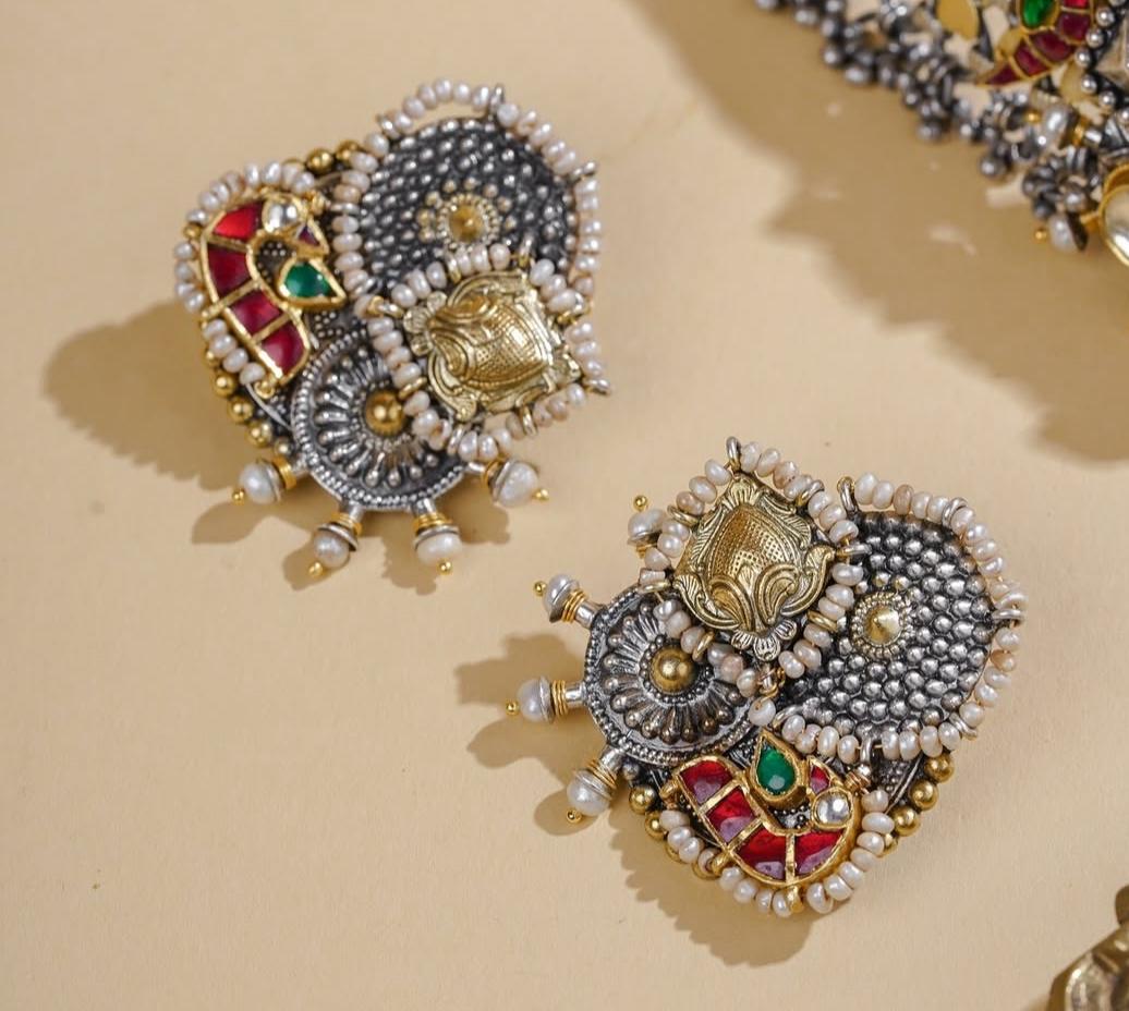 Fusion Silver Jewellery Choker Set with Temple Motifs