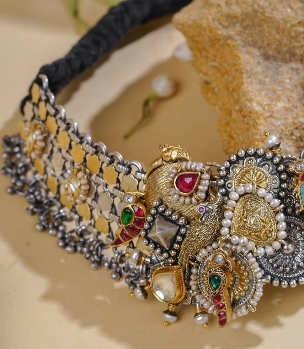 Fusion Silver Jewellery Choker Set with Temple Motifs