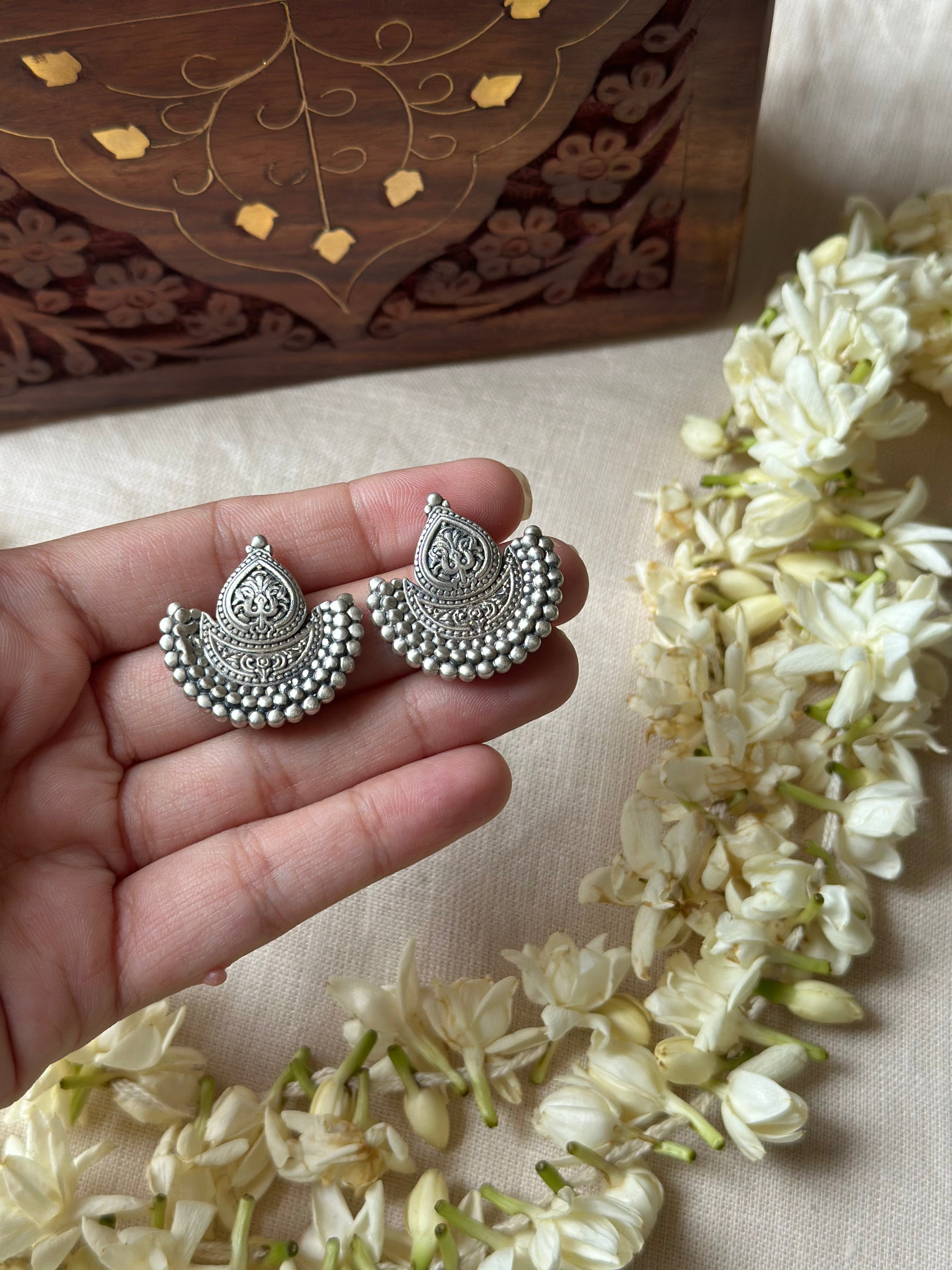 Half-Moon Dome Silver Oxidised Earrings