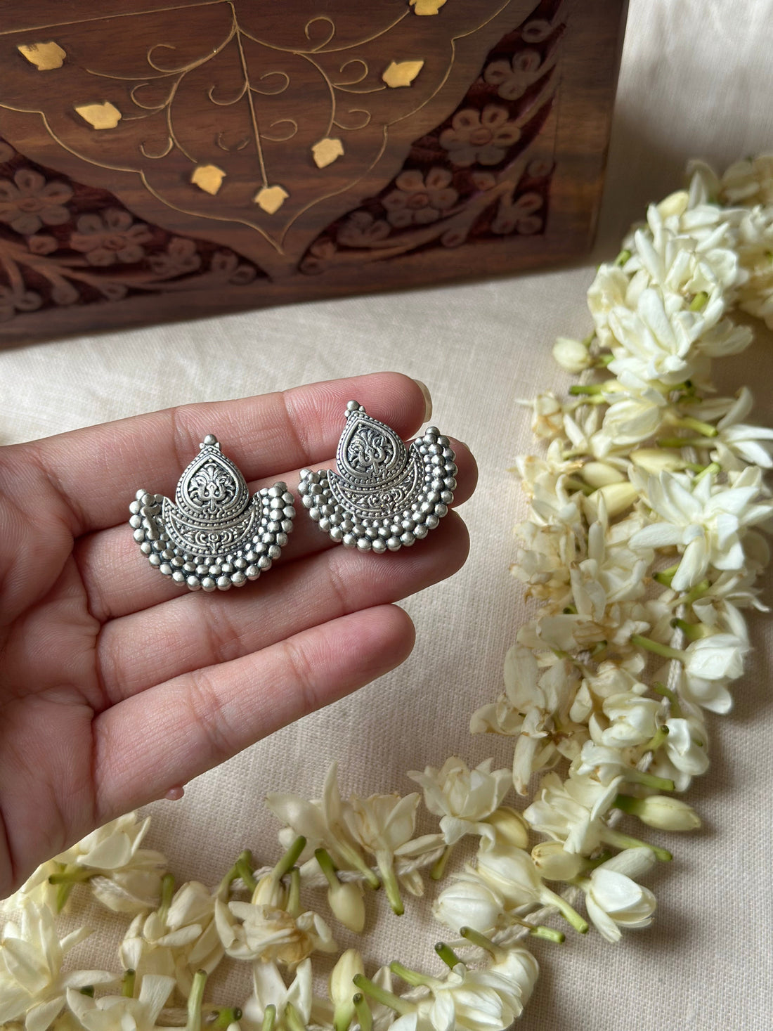 Half-Moon Dome Silver Oxidised Earrings