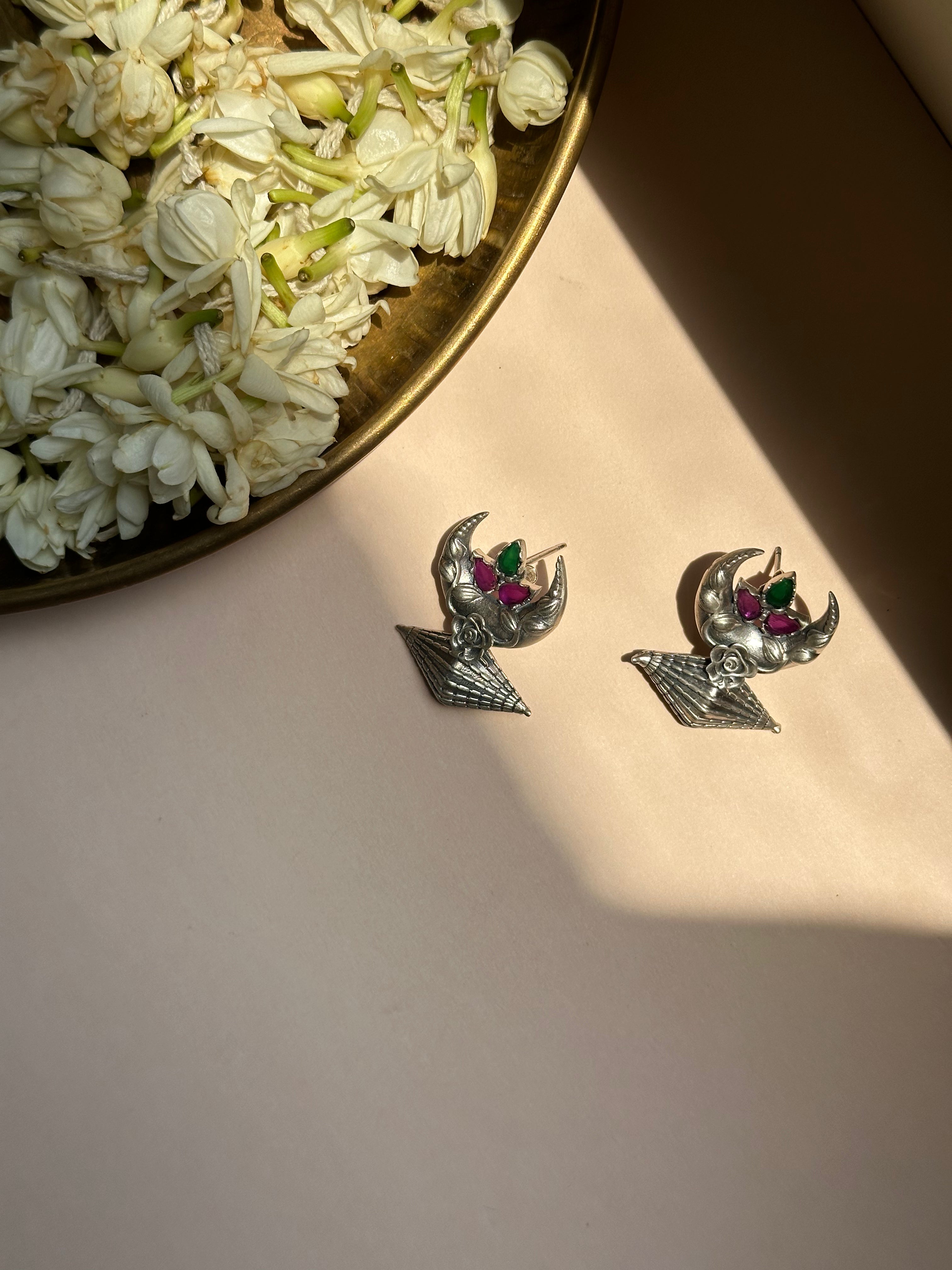 Chand Crescent Silver Oxidised Earrings