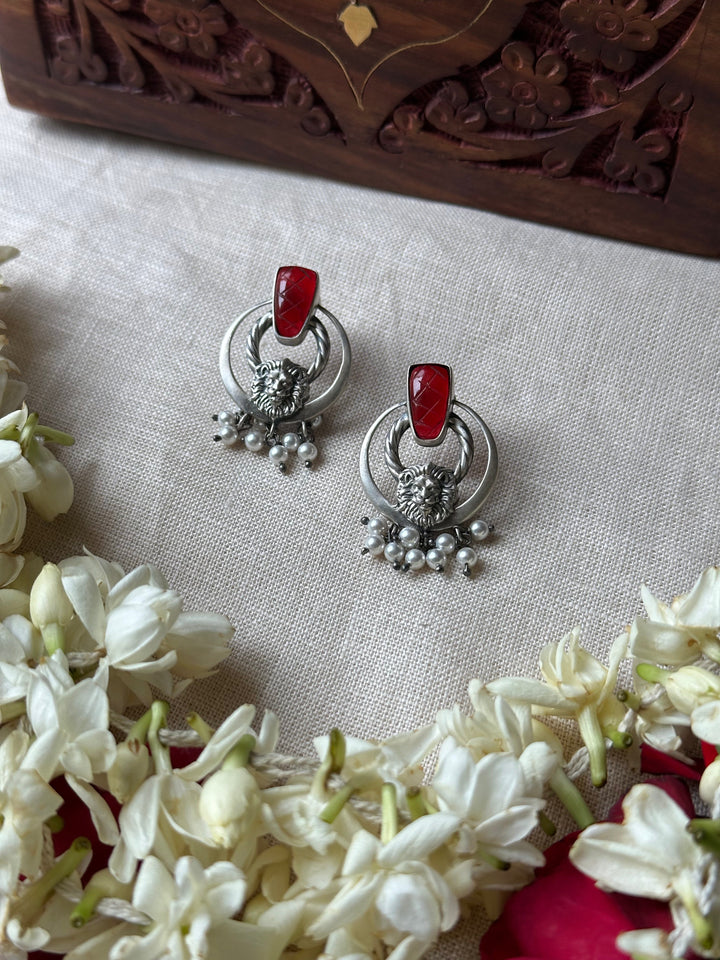 Bold Lion Motif Silver Oxidised Earrings