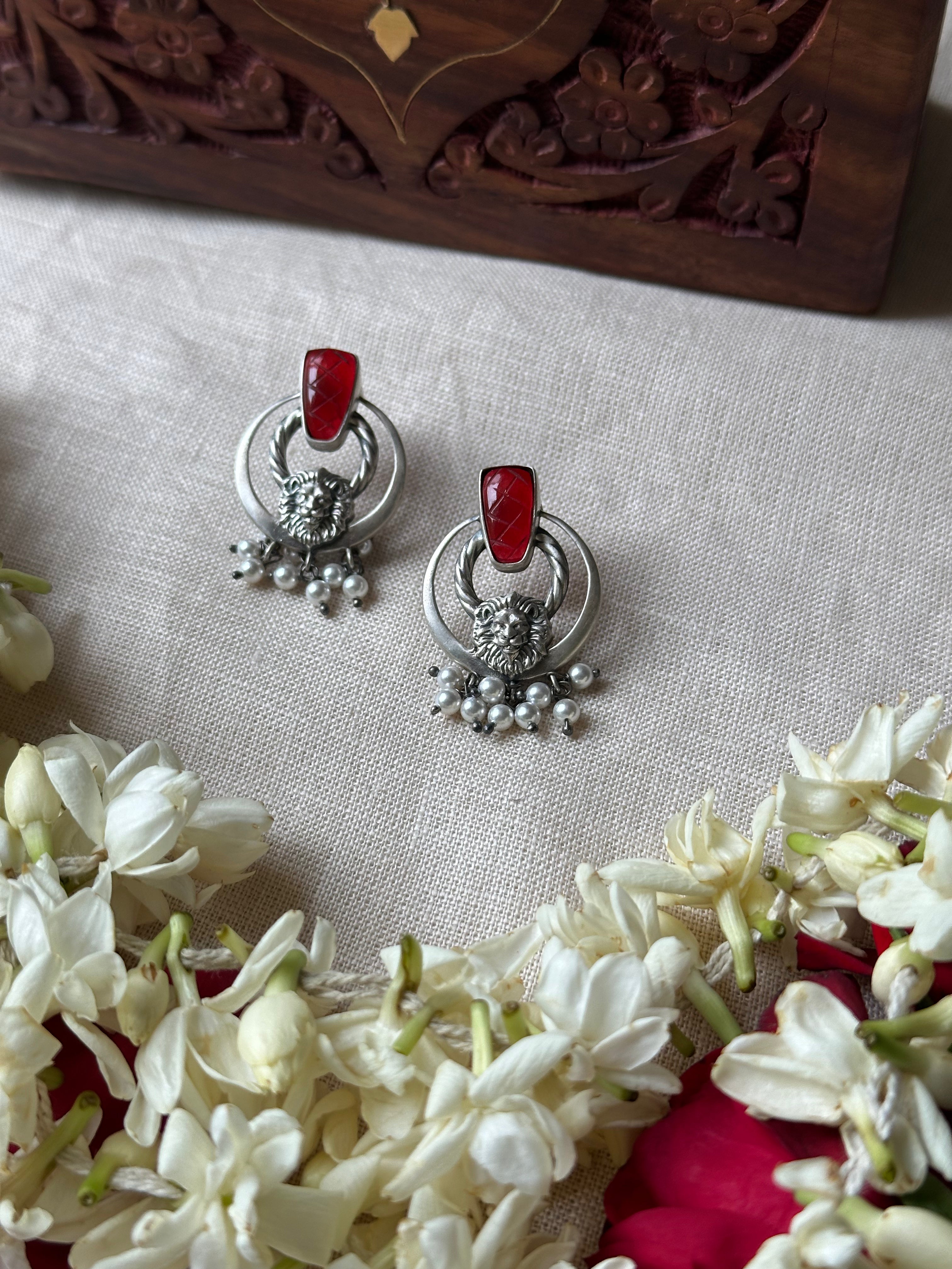 Bold Lion Motif Silver Oxidised Earrings
