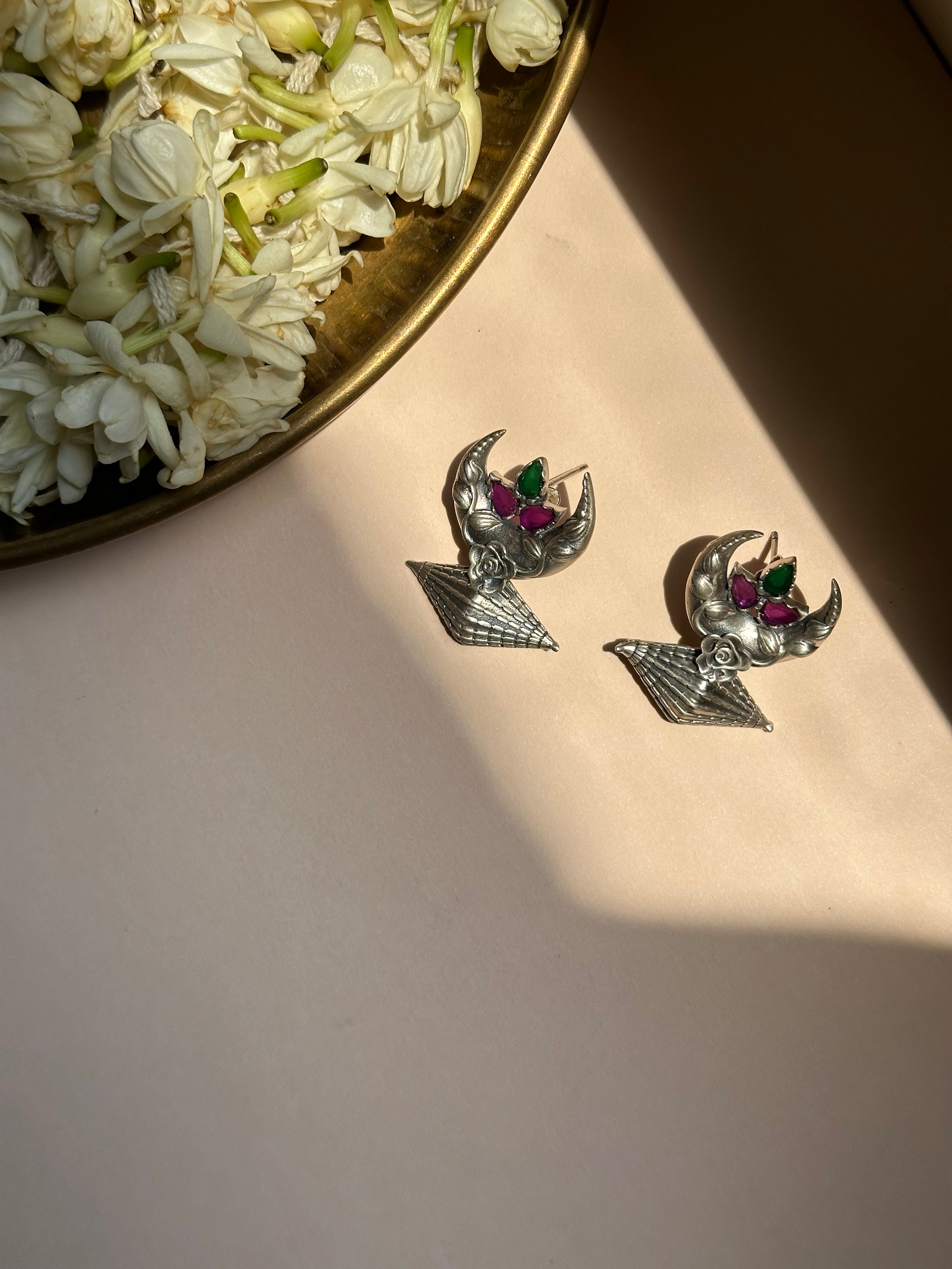 Chand Crescent Silver Oxidised Earrings