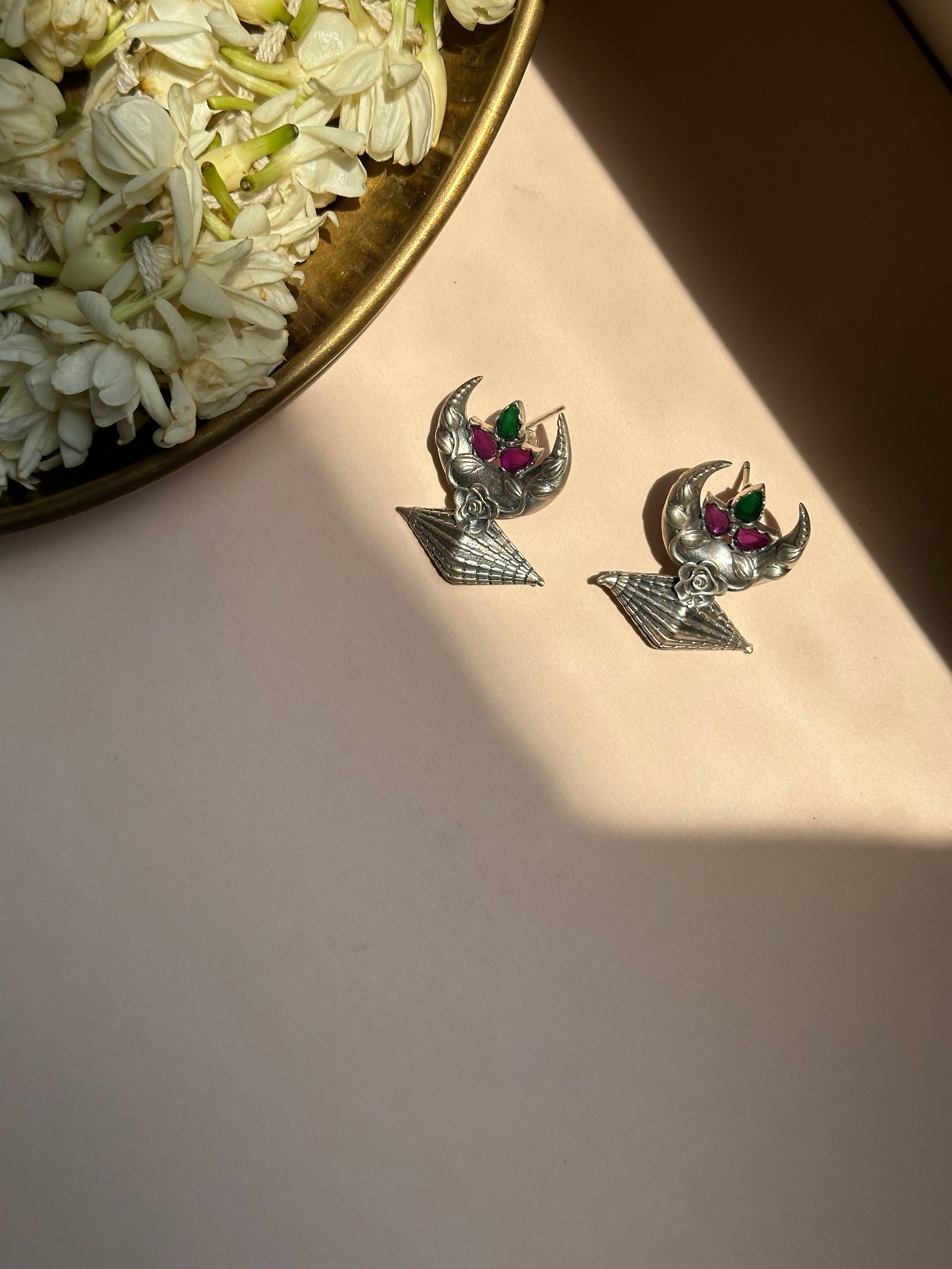 Chand Crescent Silver Oxidised Earrings