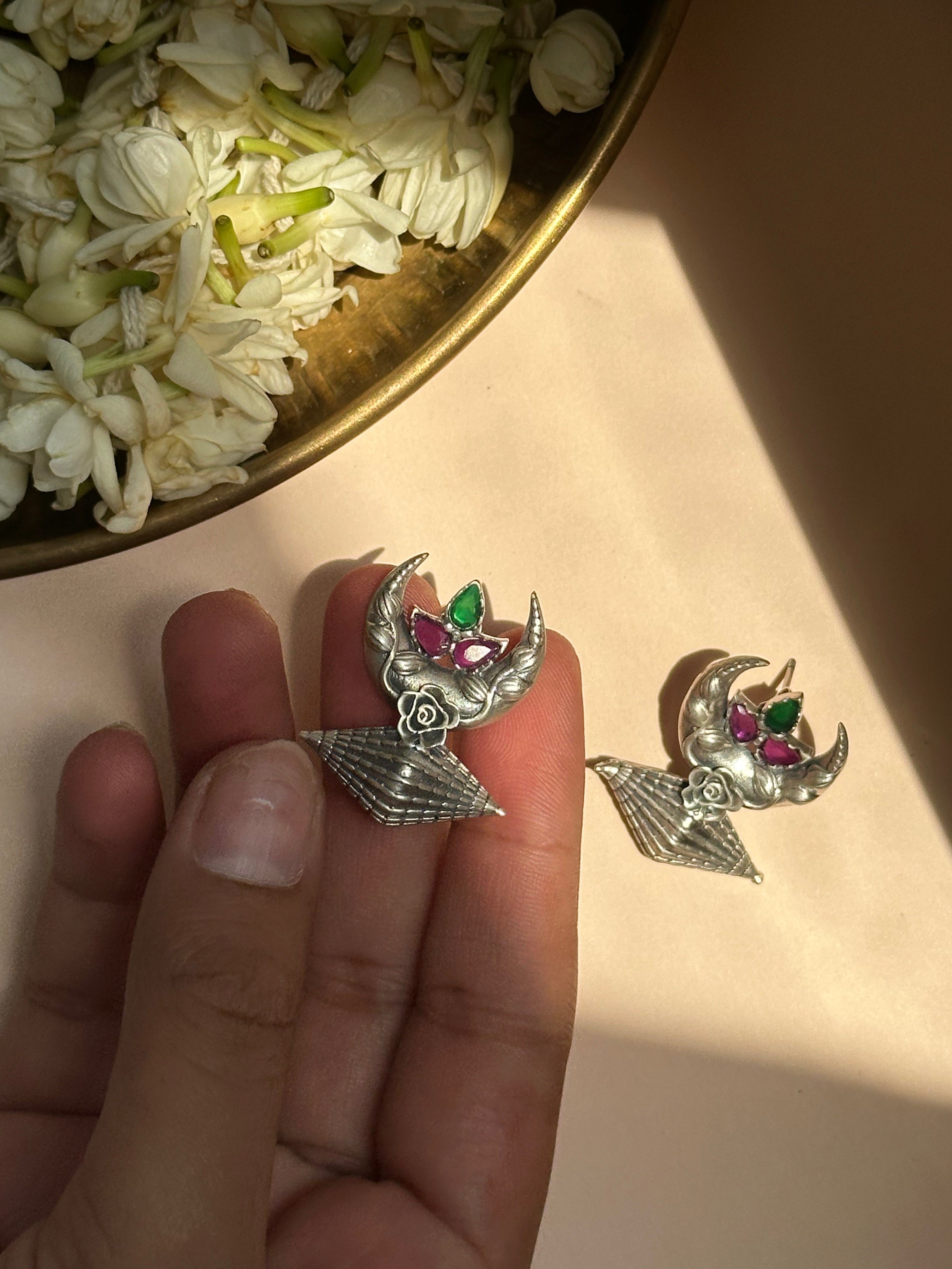 Chand Crescent Silver Oxidised Earrings