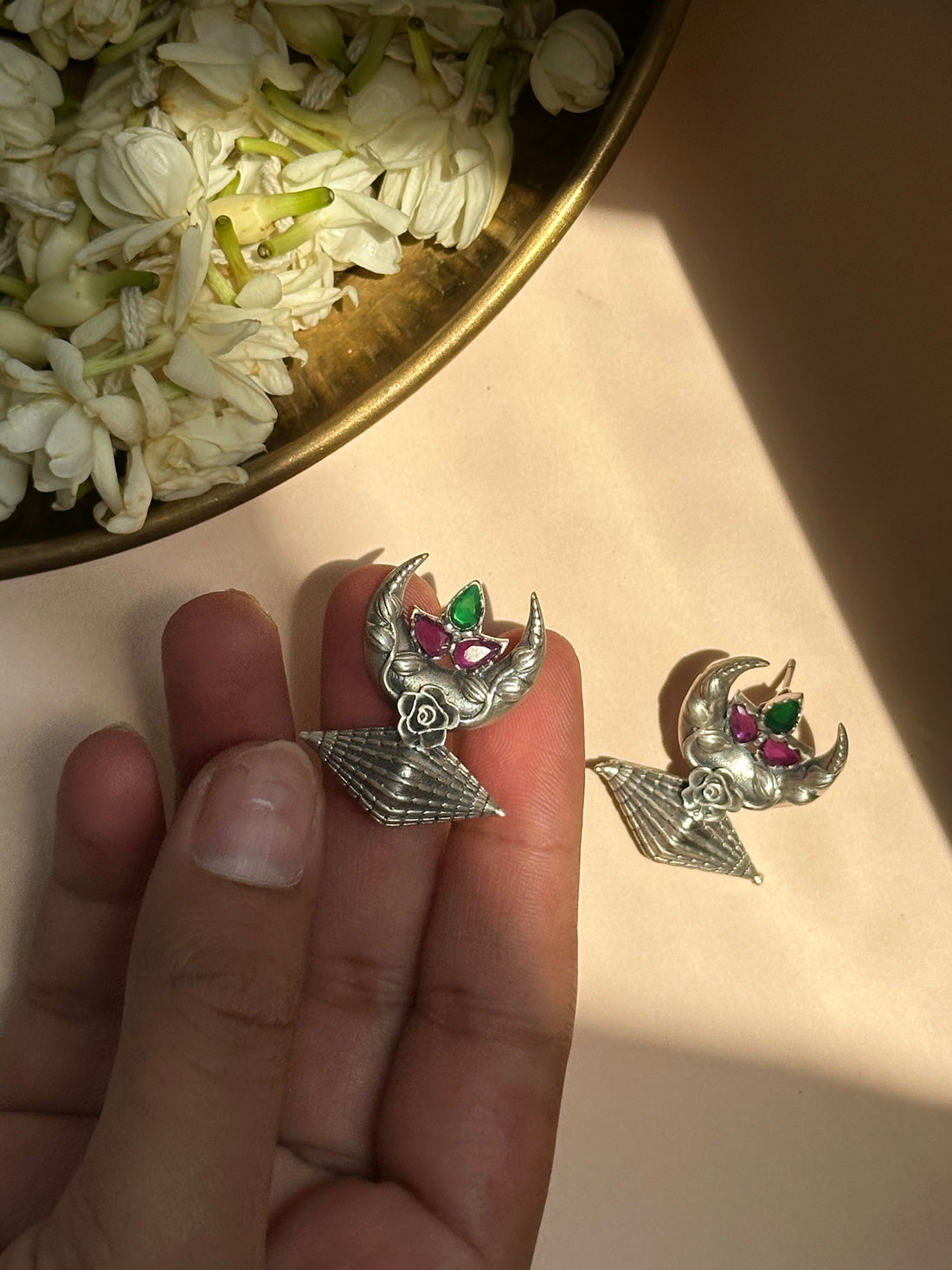 Chand Crescent Silver Oxidised Earrings