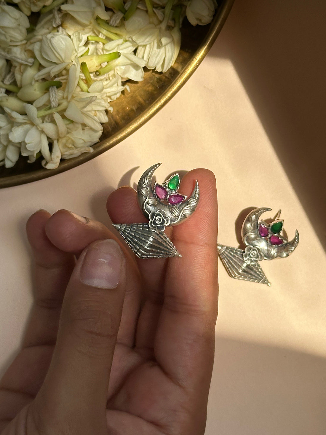 Chand Crescent Silver Oxidised Earrings