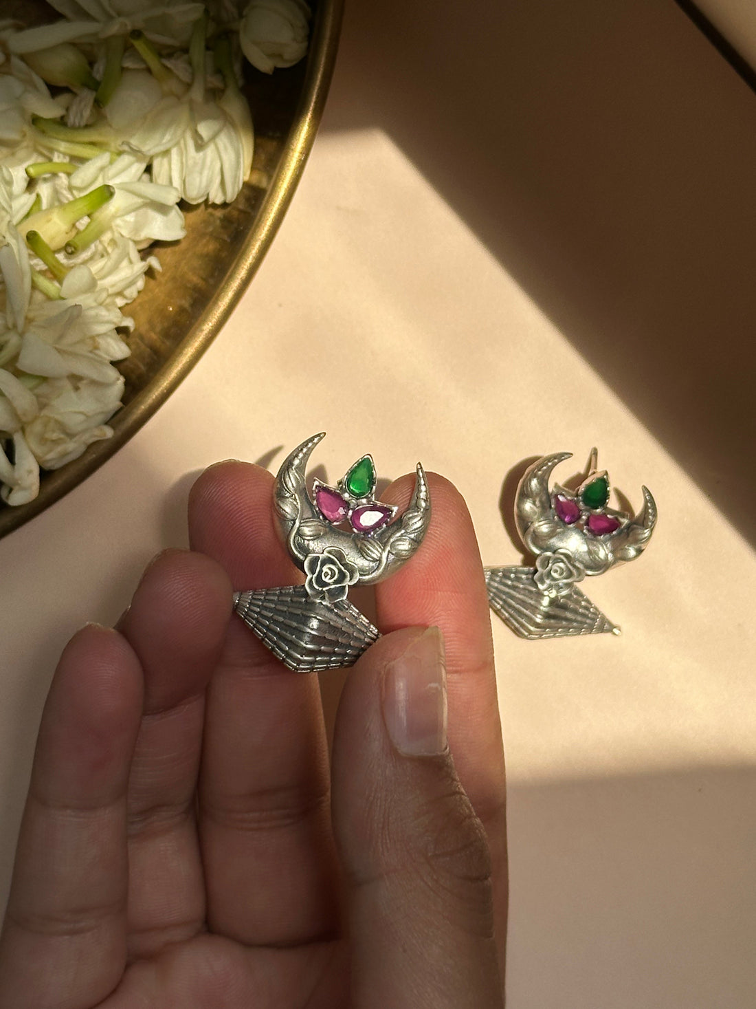 Chand Crescent Silver Oxidised Earrings