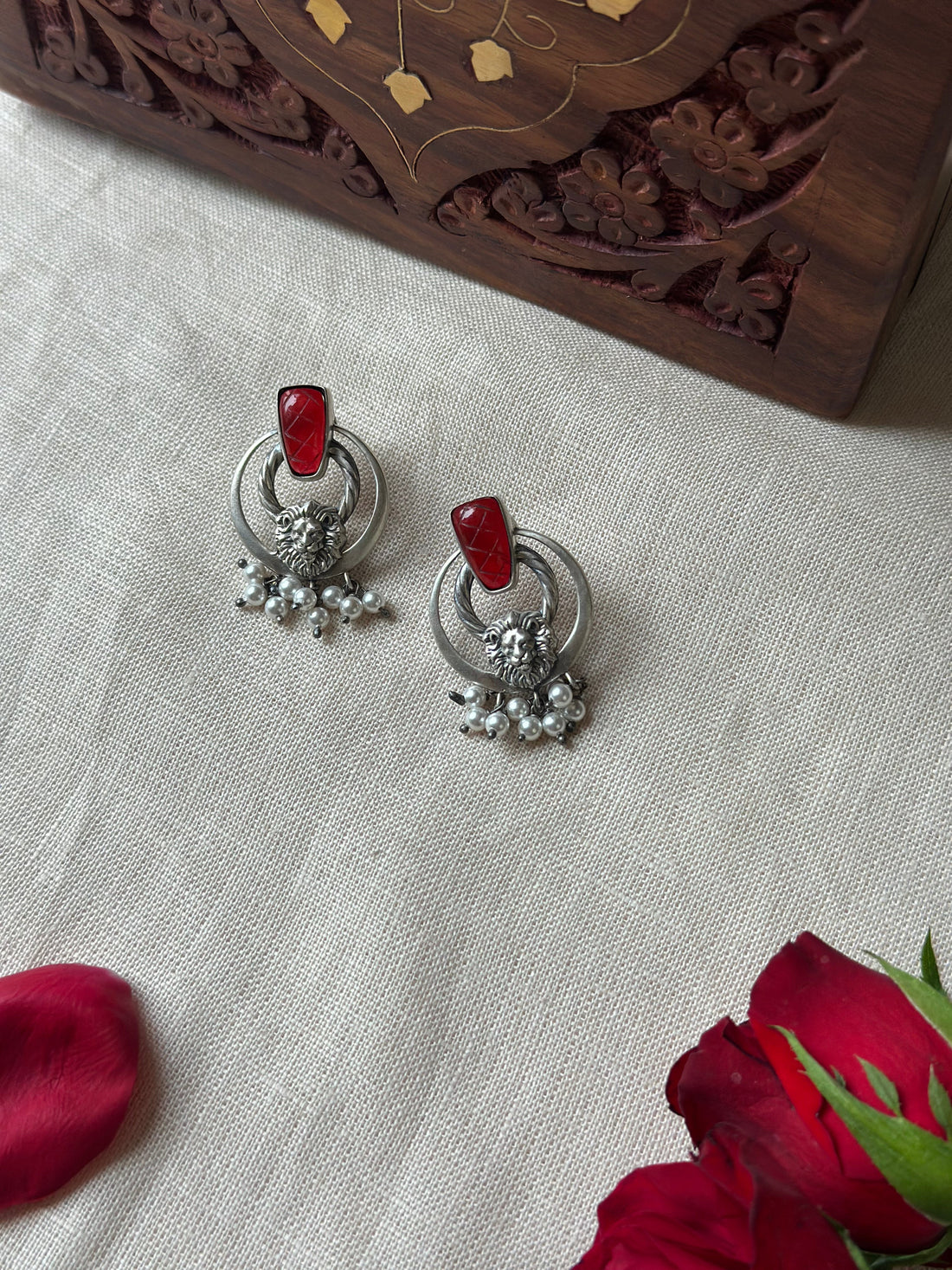 Bold Lion Motif Silver Oxidised Earrings