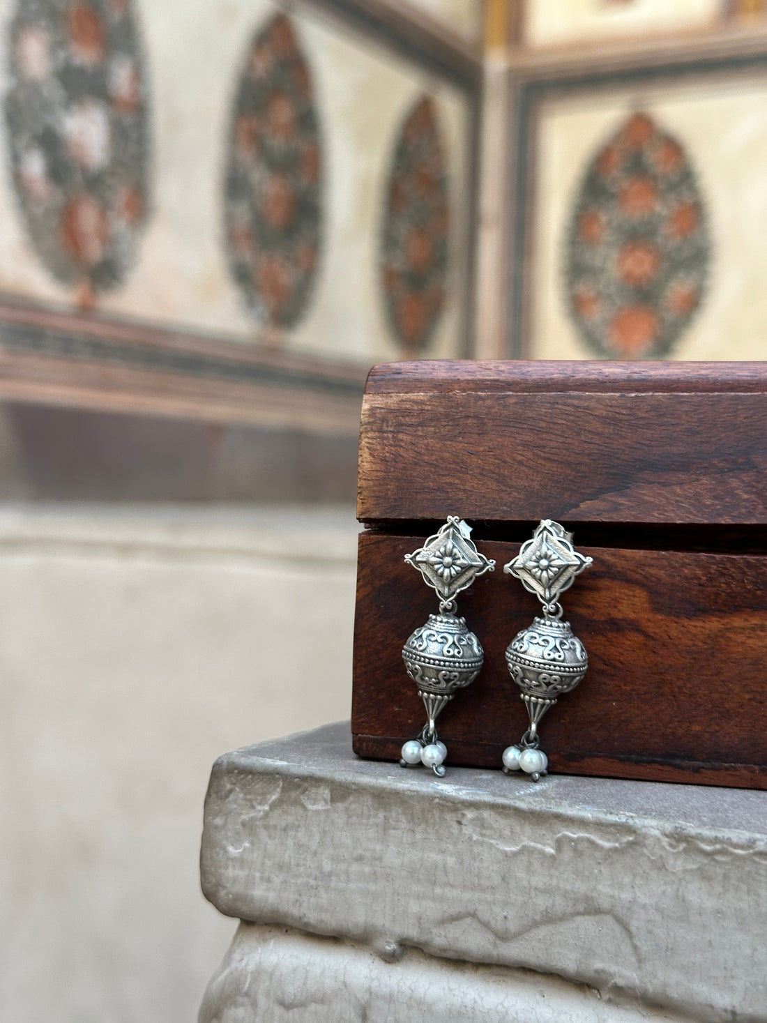 Antique  Silver Oxidised Earrings with Dome Jhumki
