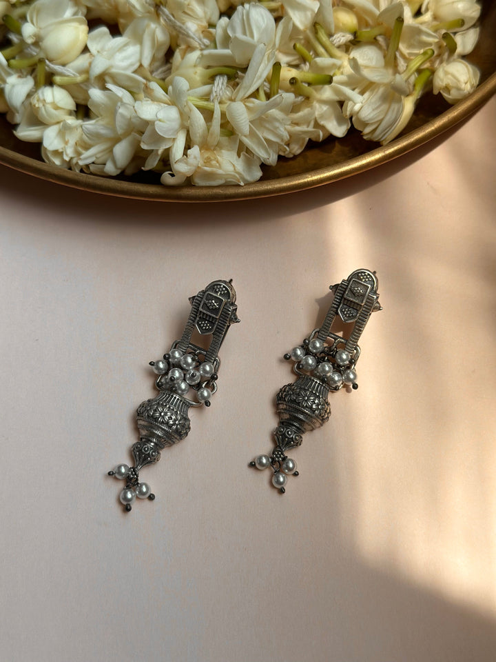 Temple-Inspired Silver Oxidised Earrings with Floral Jhumki