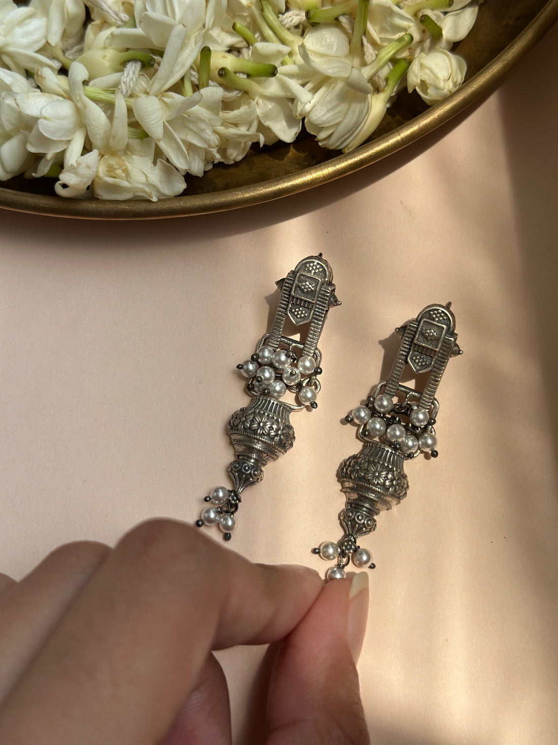 Temple-Inspired Silver Oxidised Earrings with Floral Jhumki