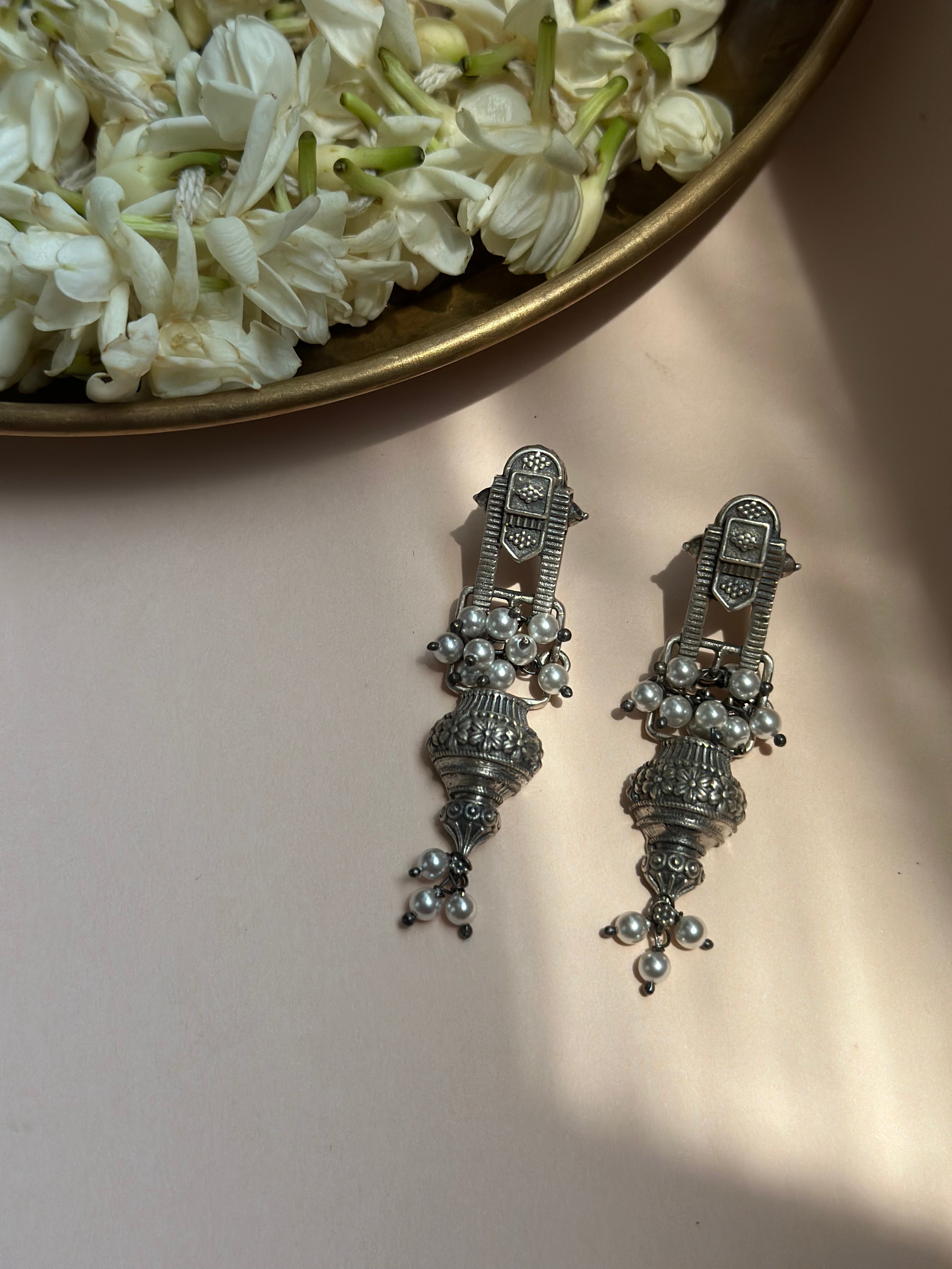 Temple-Inspired Silver Oxidised Earrings with Floral Jhumki