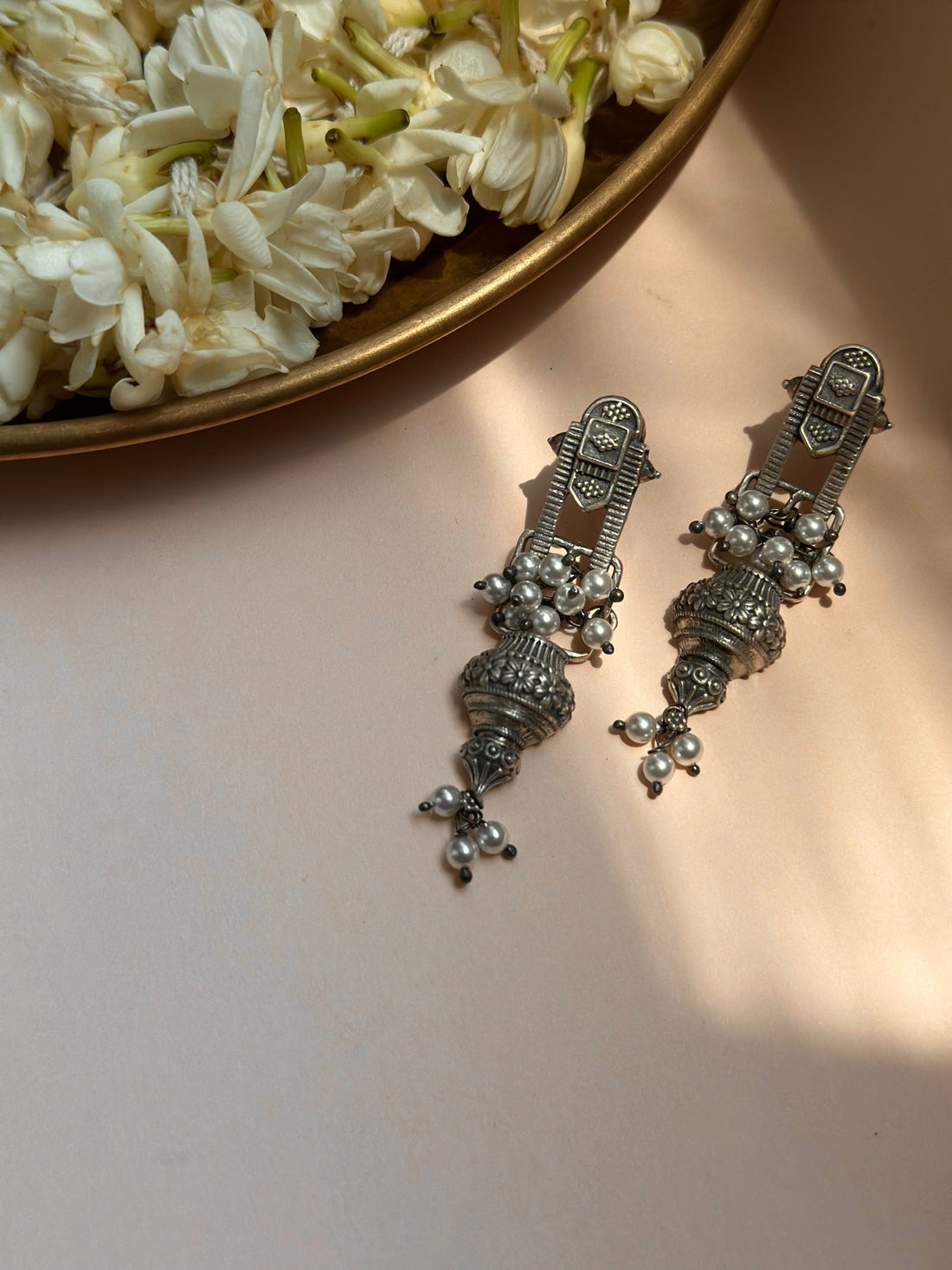 Temple-Inspired Silver Oxidised Earrings with Floral Jhumki
