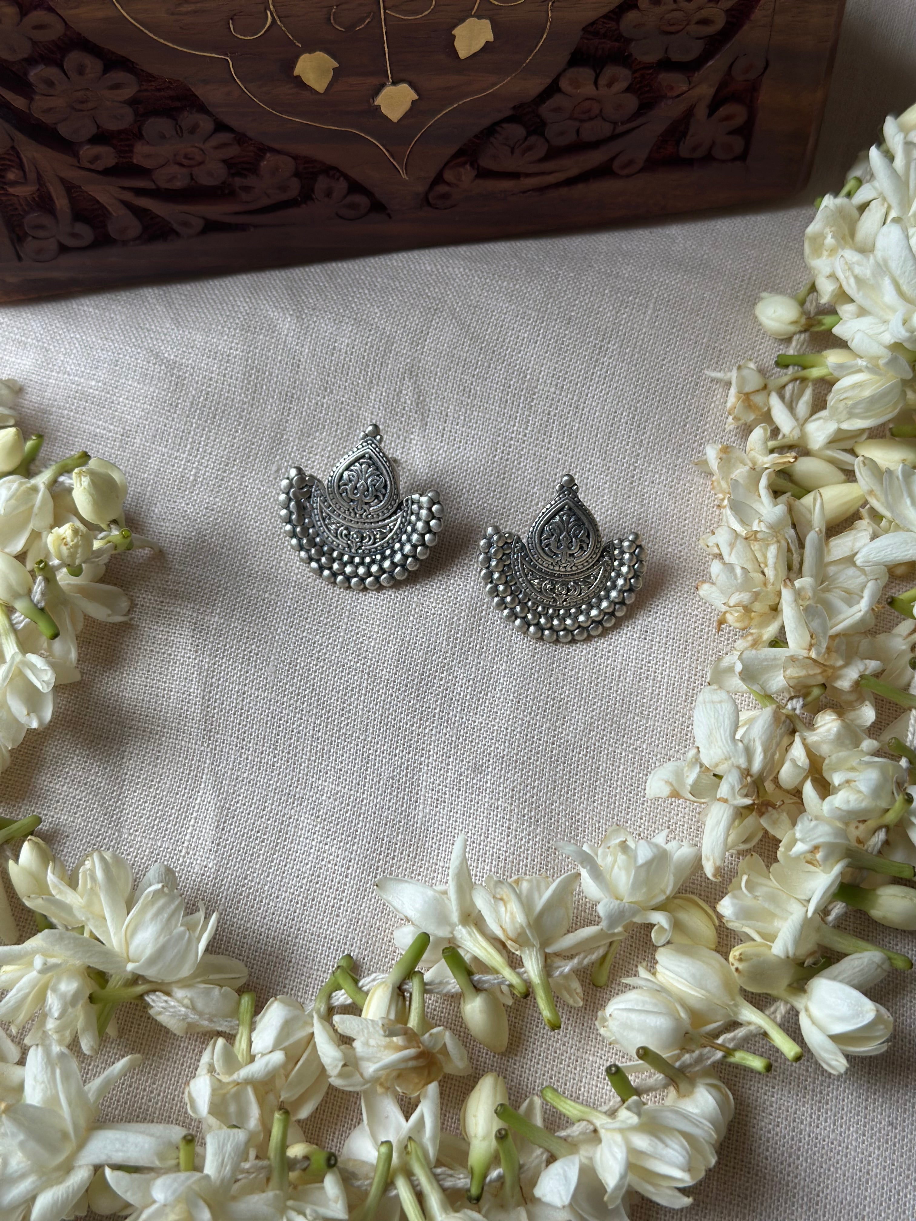 Half-Moon Dome Silver Oxidised Earrings