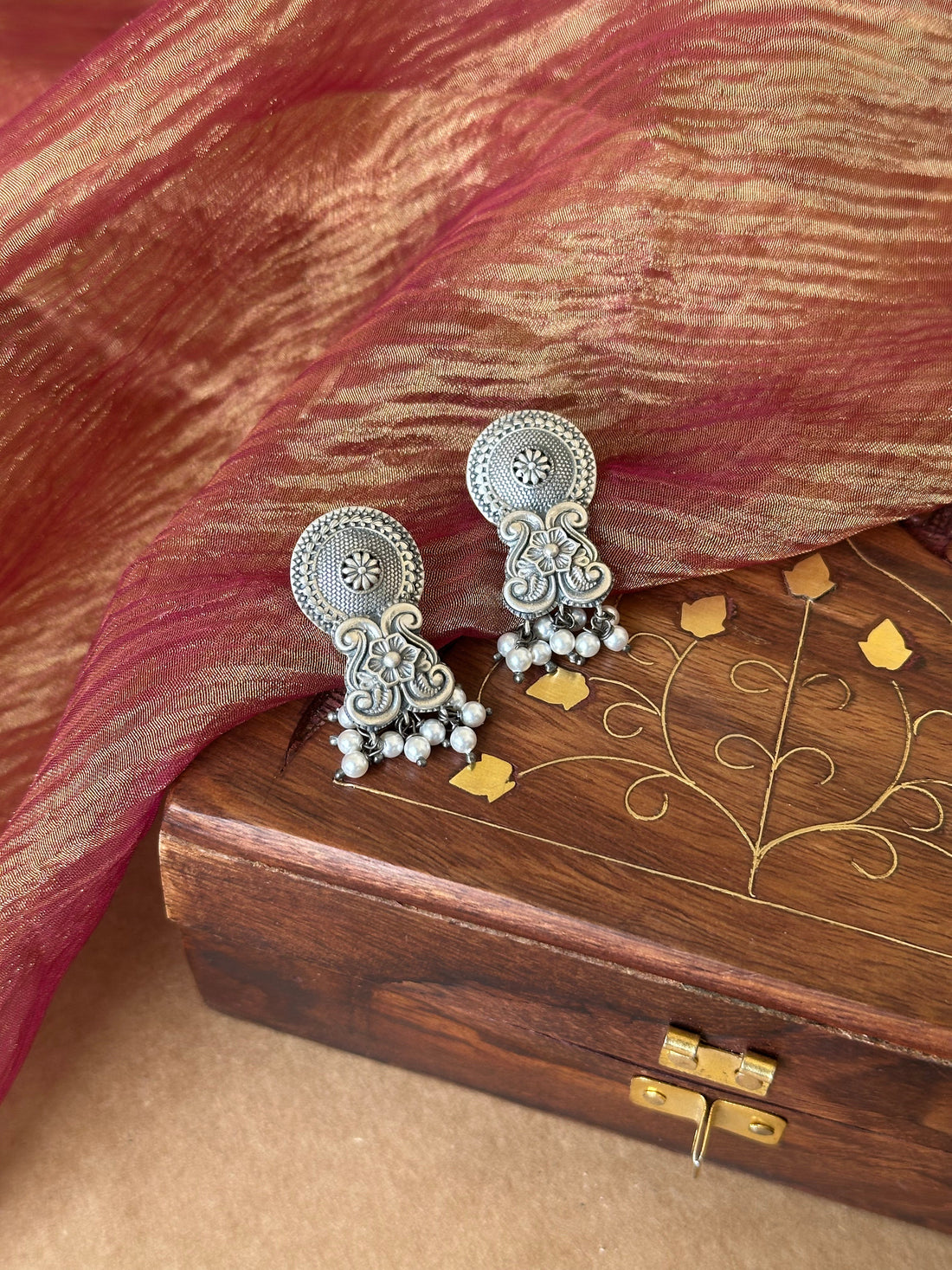 Floral Motif Silver Oxidised Earrings