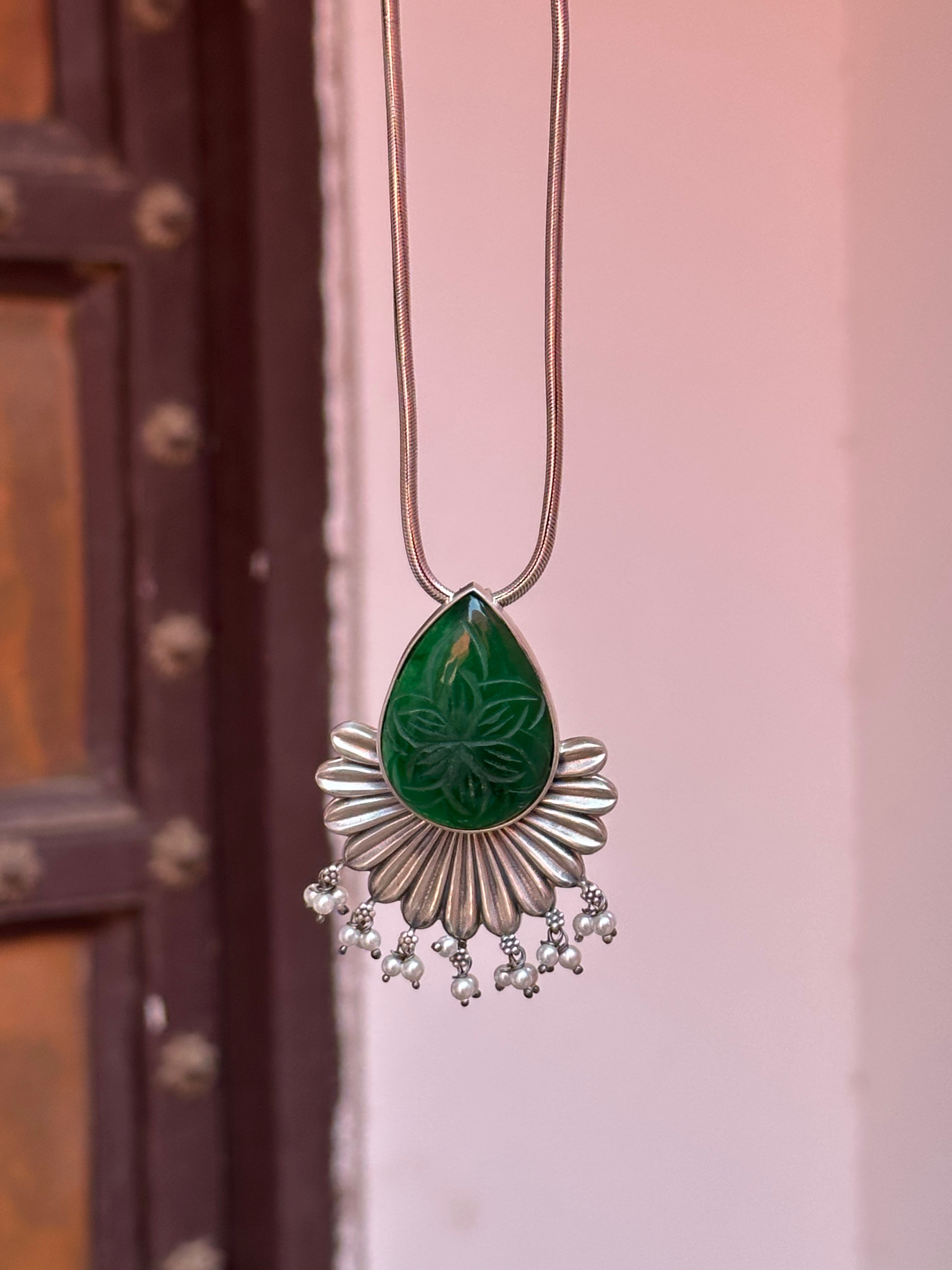 Emerald Stone Floral Silver Oxidised Pendant