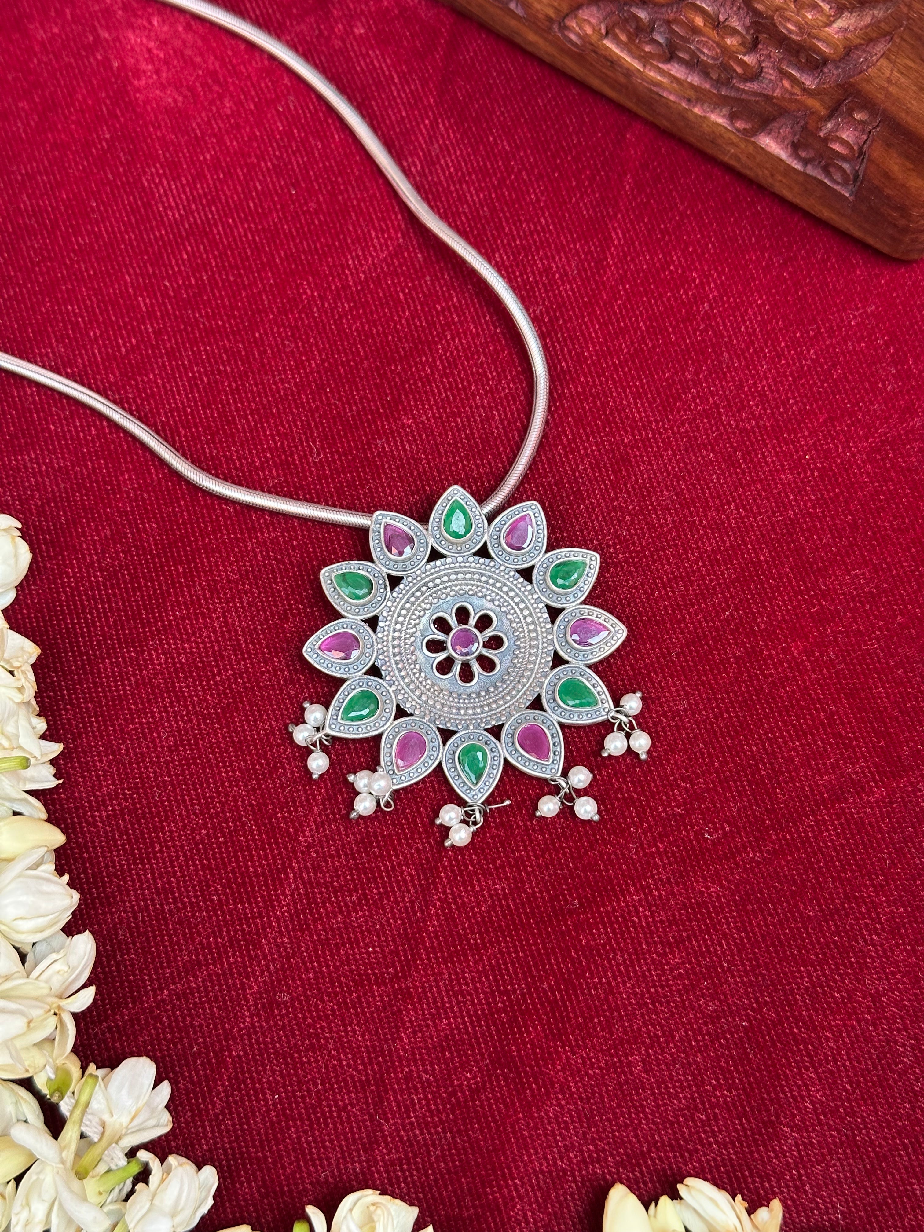 Floral-Inspired Silver Pendant with Chain