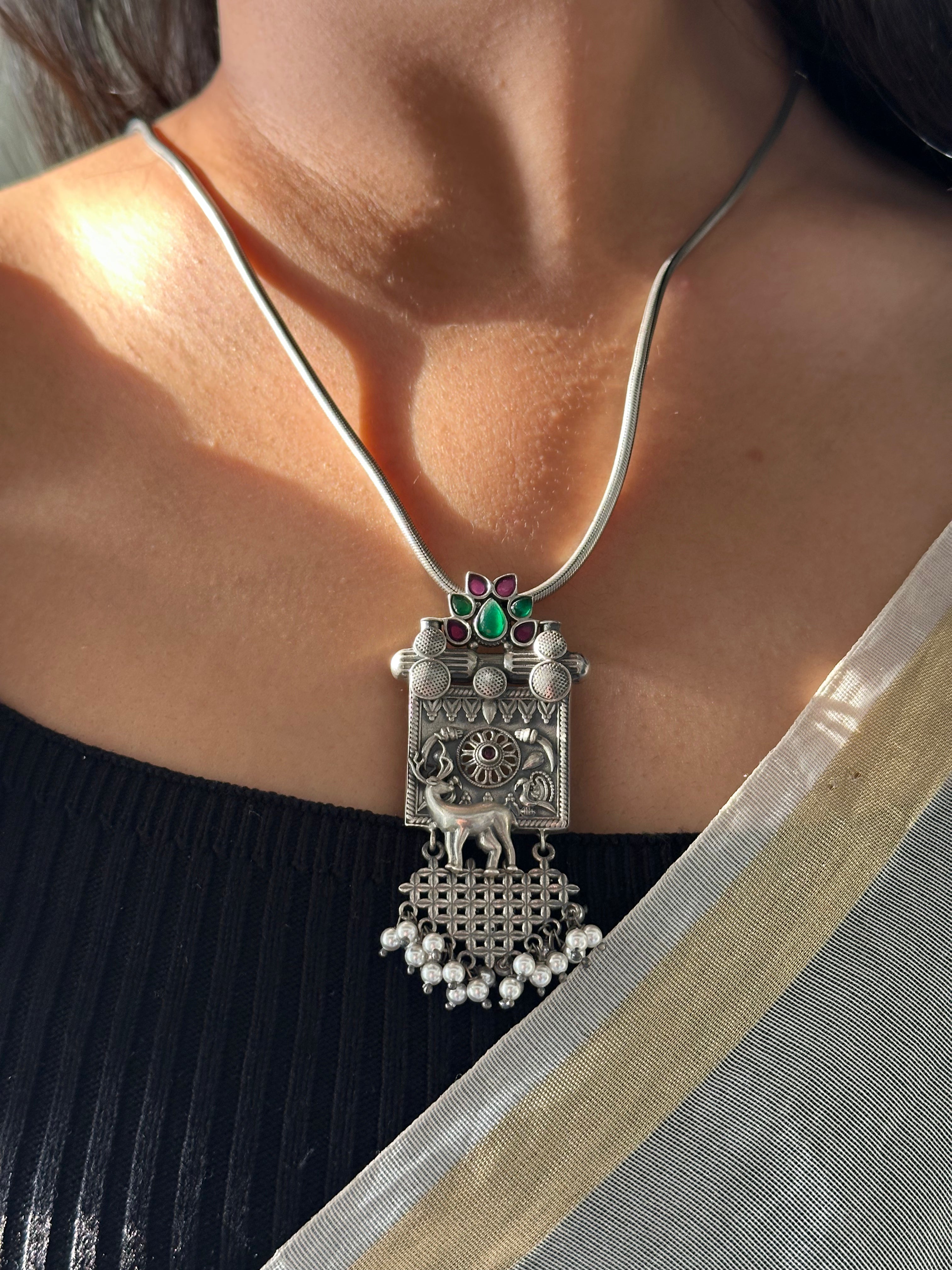 Statement Silver Pendant with Elephant and Pearl Detailing
