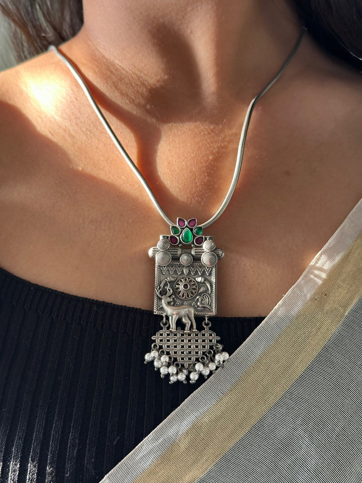 Statement Silver Pendant with Elephant and Pearl Detailing