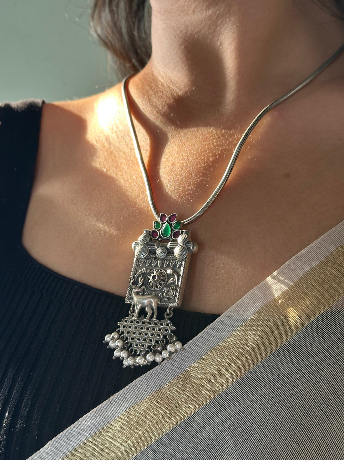 Statement Silver Pendant with Elephant and Pearl Detailing