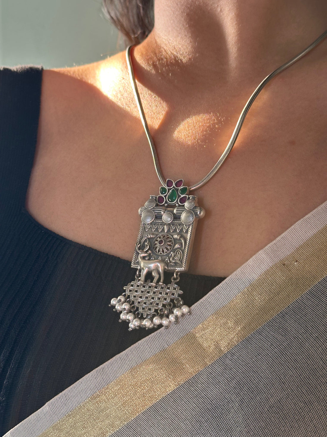 Statement Silver Pendant with Elephant and Pearl Detailing