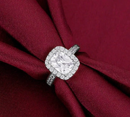 Cushion-Cut Halo Silver Ring