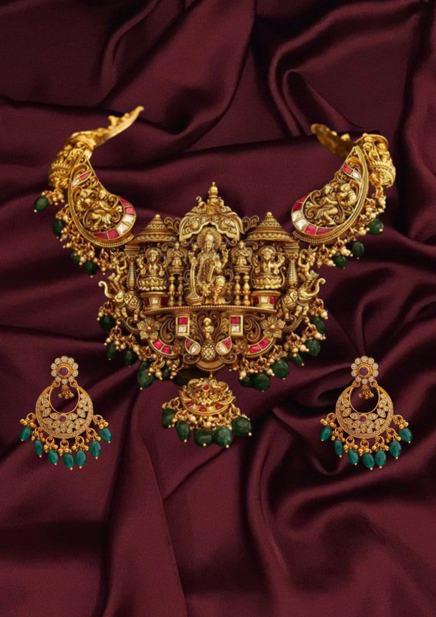 South indian Silver Temple Necklace with Earrings Lakshmi and Temple Motifs