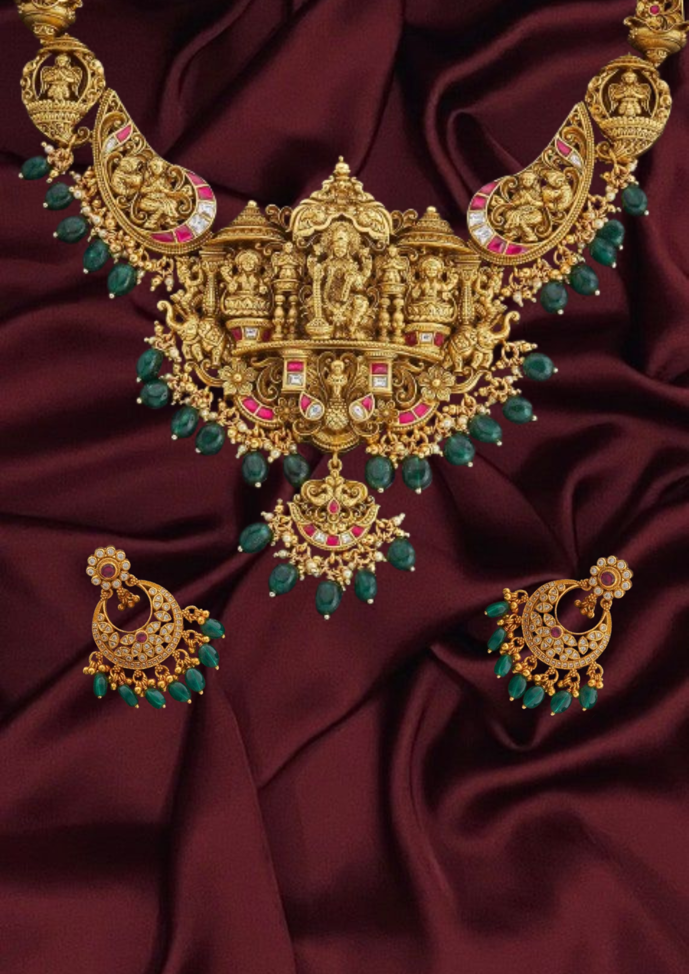 South indian Silver Temple Necklace with Earrings Lakshmi and Temple Motifs