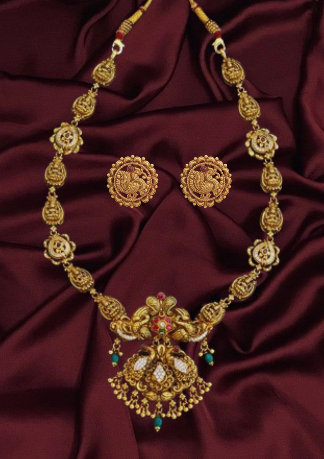 Peacock Motif Antique Silver Temple Necklace