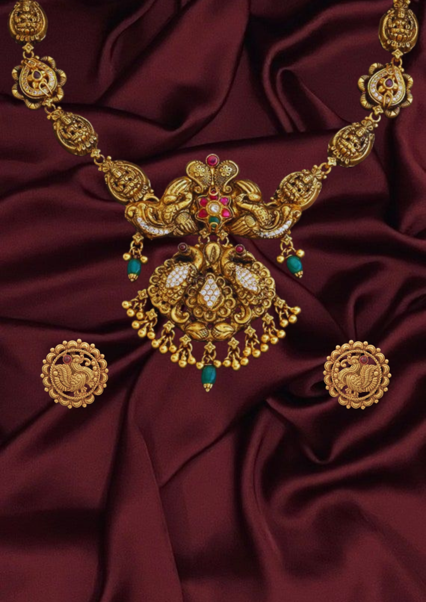 Peacock Motif Antique Silver Temple Necklace