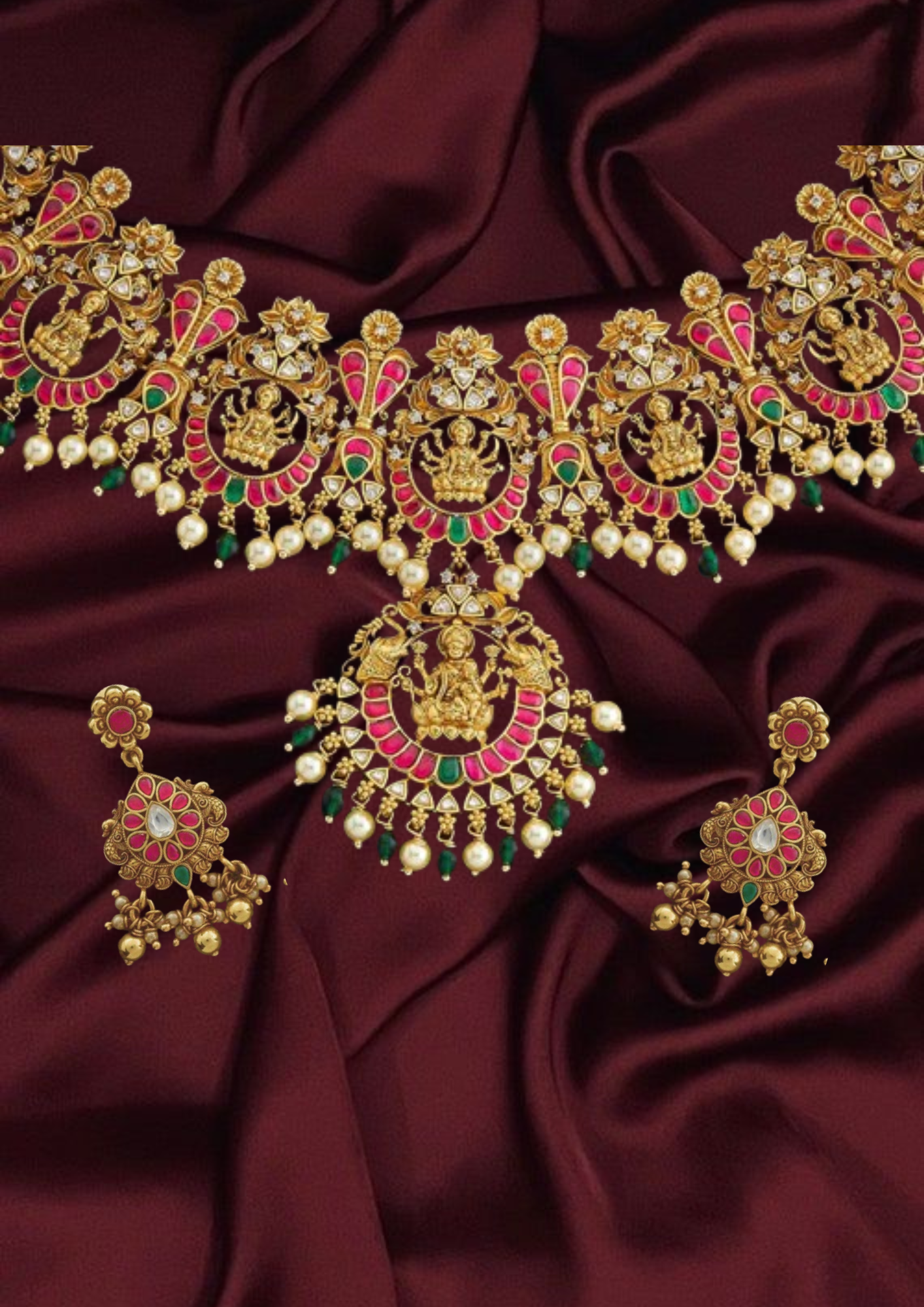 Exquisite Silver Temple Necklace with Earrings Goddess Motifs