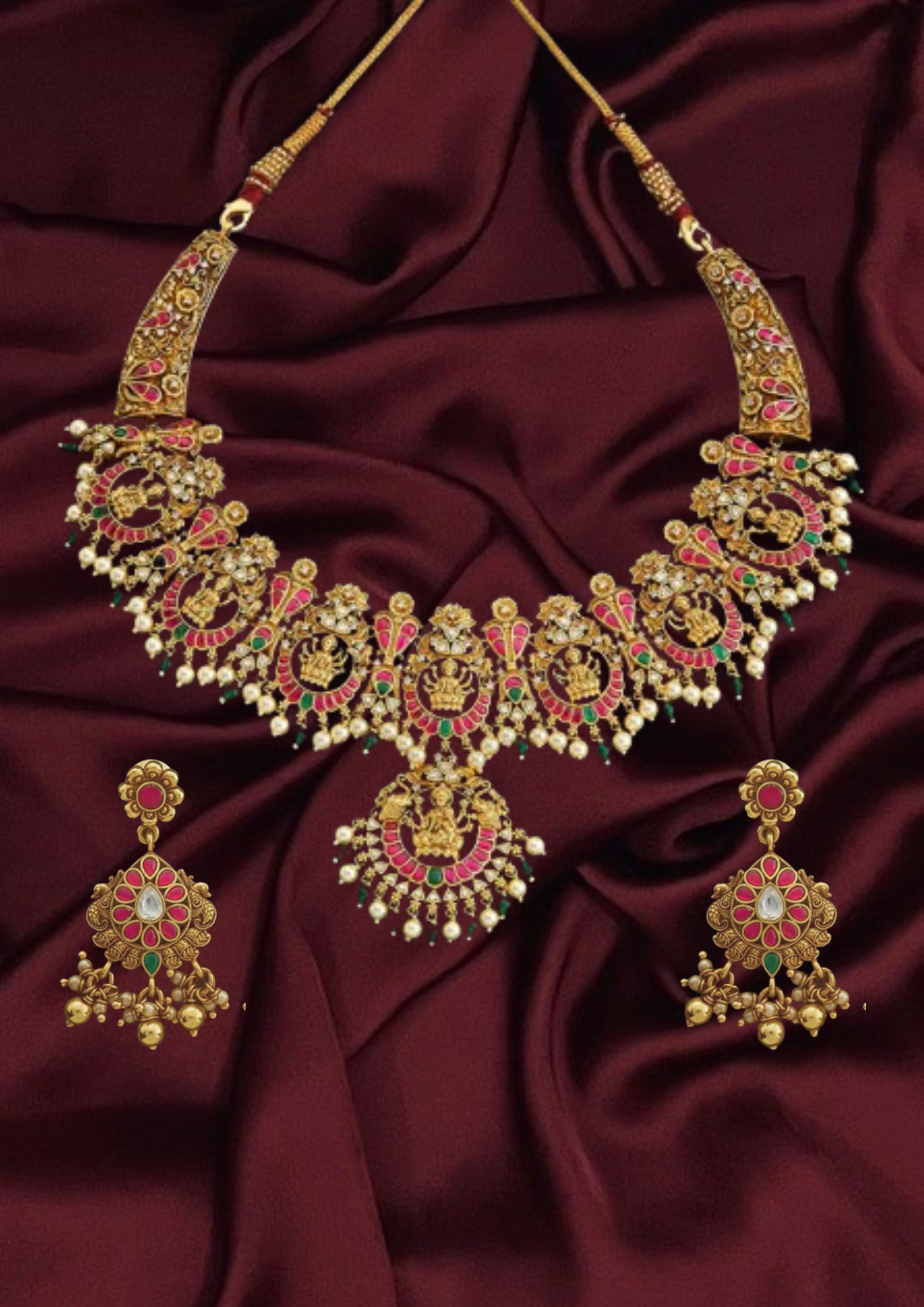 Exquisite Silver Temple Necklace with Earrings Goddess Motifs