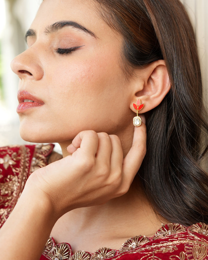 Leaf Motif Polki Earrings with Red Stones