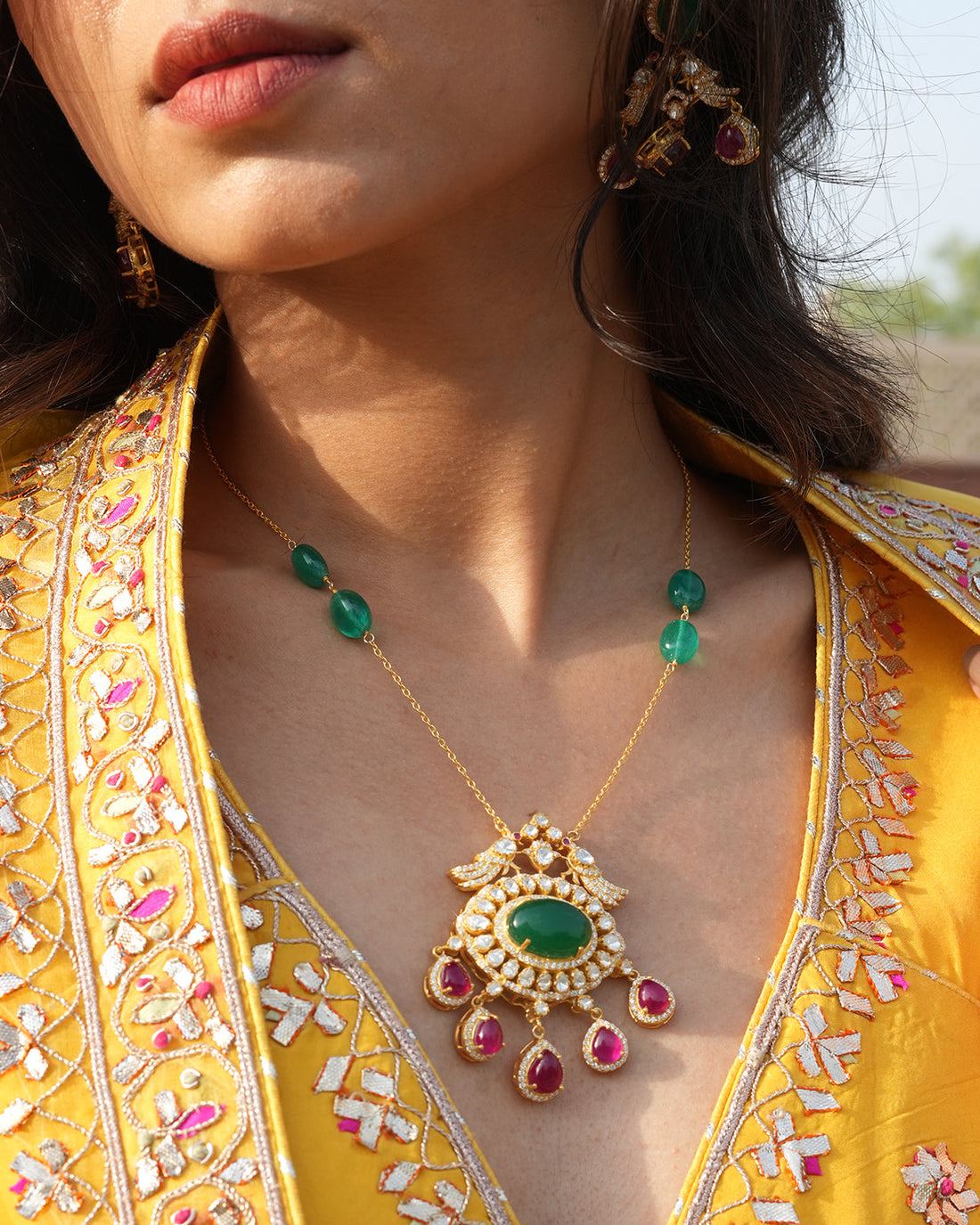 Emerald Moissanite Polki Pendant Necklace