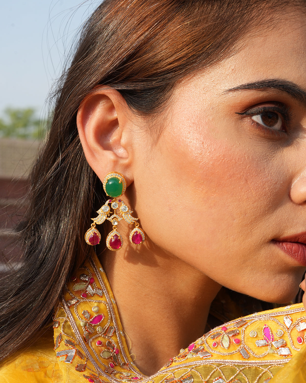 Emerald Moissanite Polki Pendant Necklace