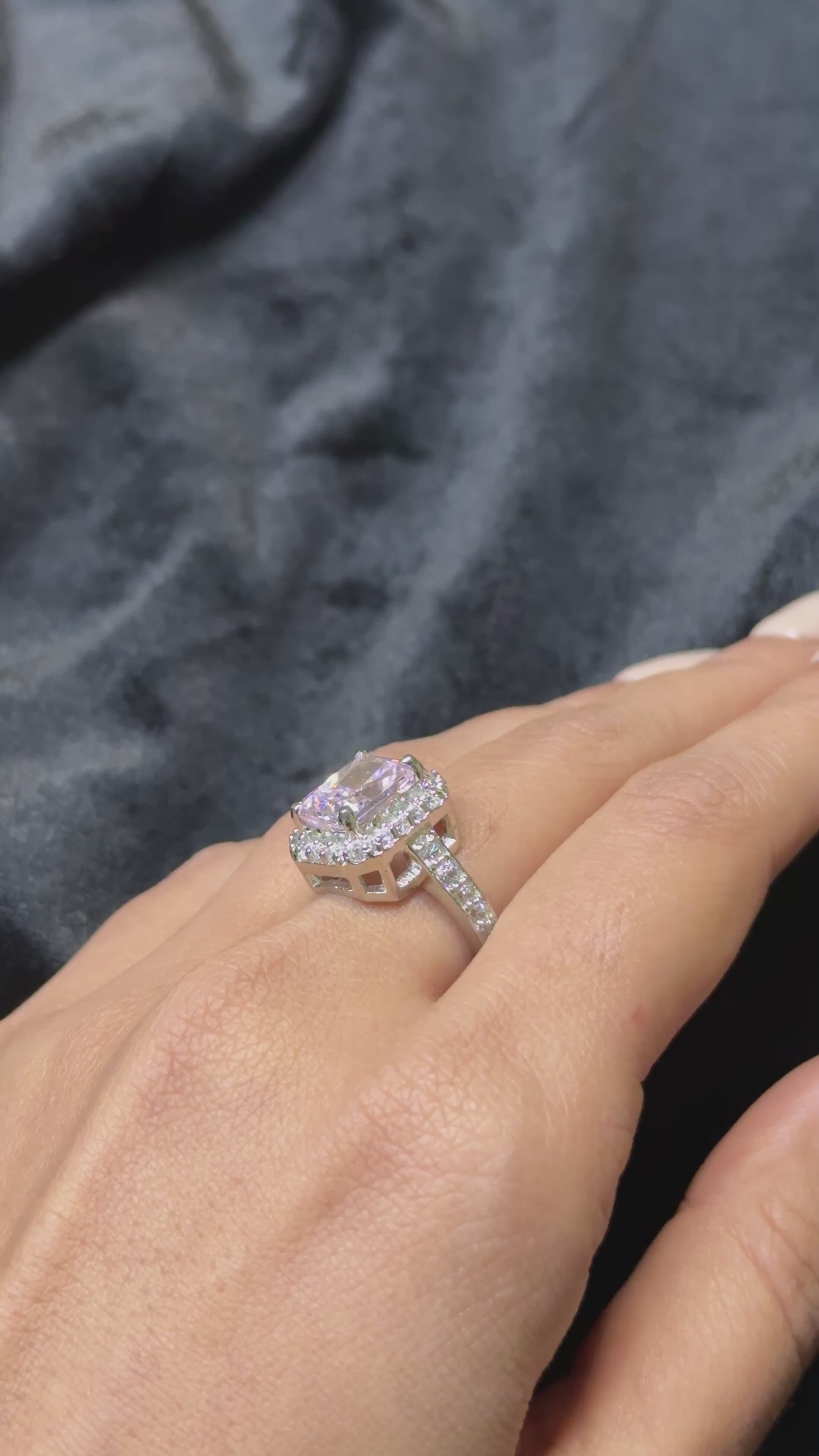 Pink princess cut diamond silver ring