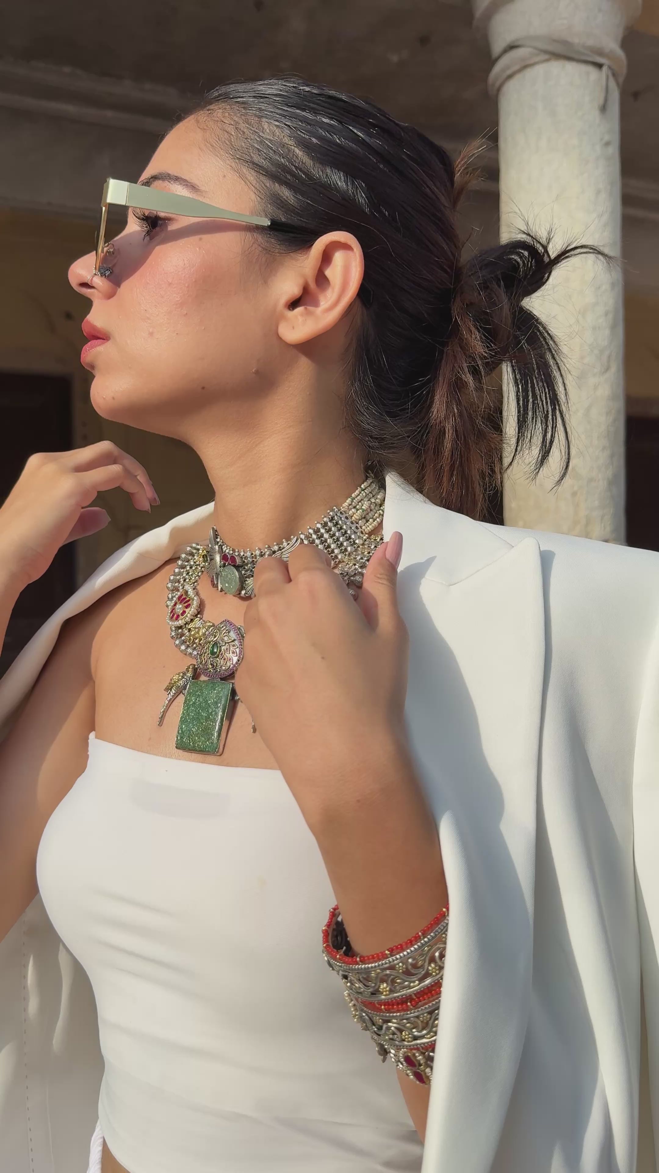 Silver green stoned choker set