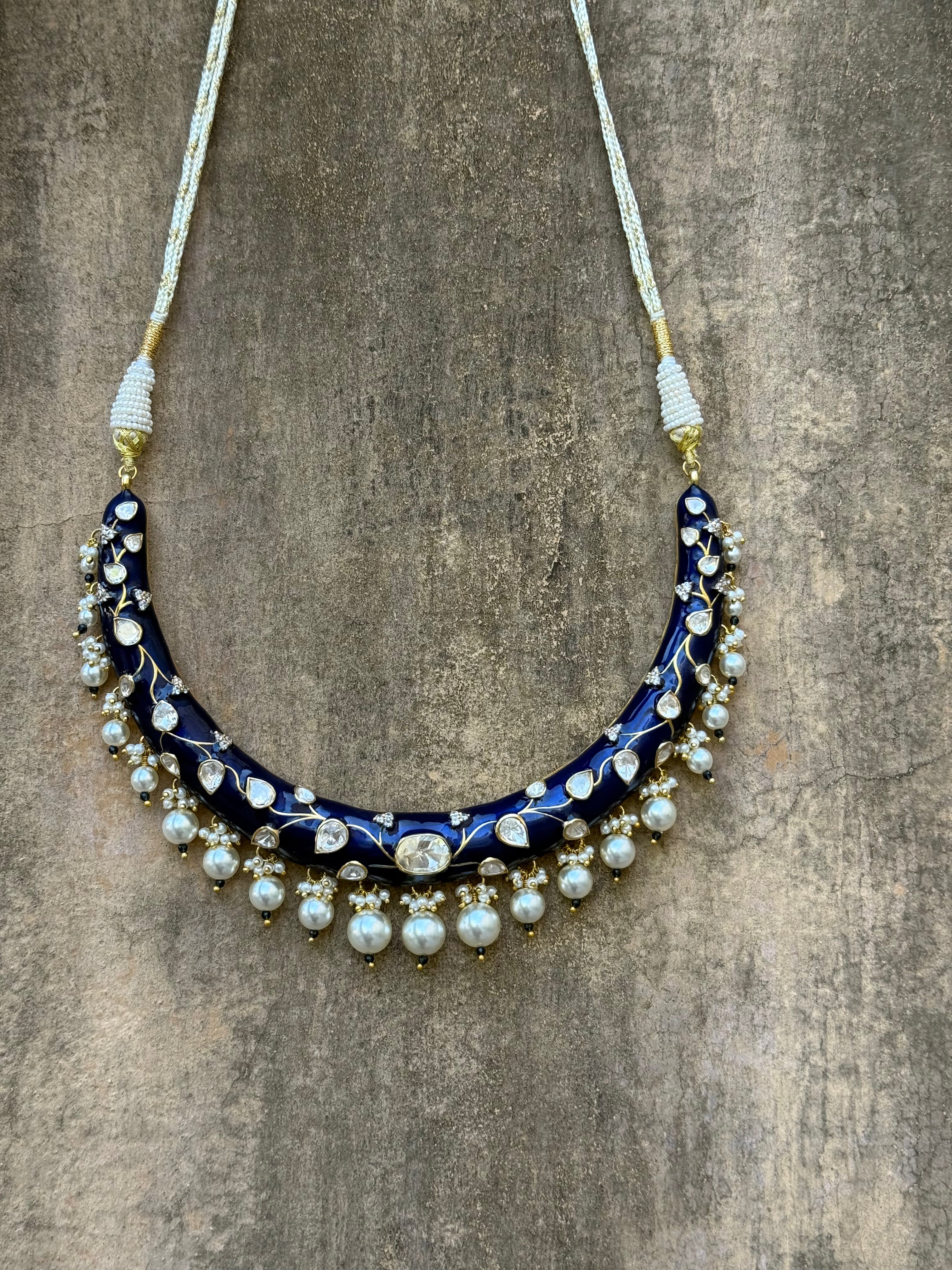 Blue Kundan Meenakari Hasli Set with Pearl