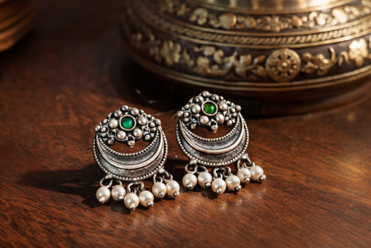 Green stone wali oxidised jhumka