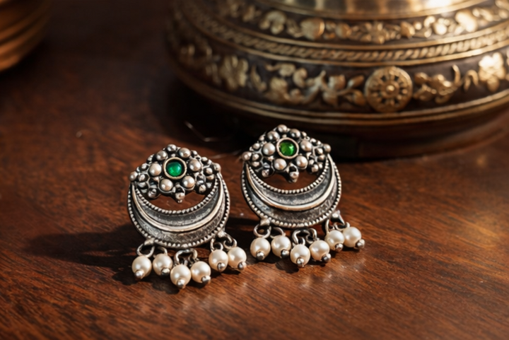 Green stone wali oxidised jhumka