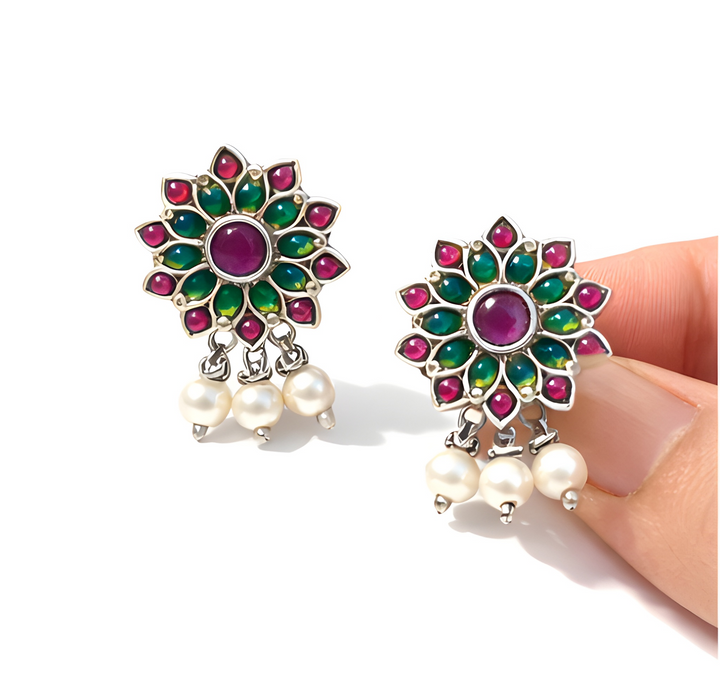 Pink-green floral stud earrings