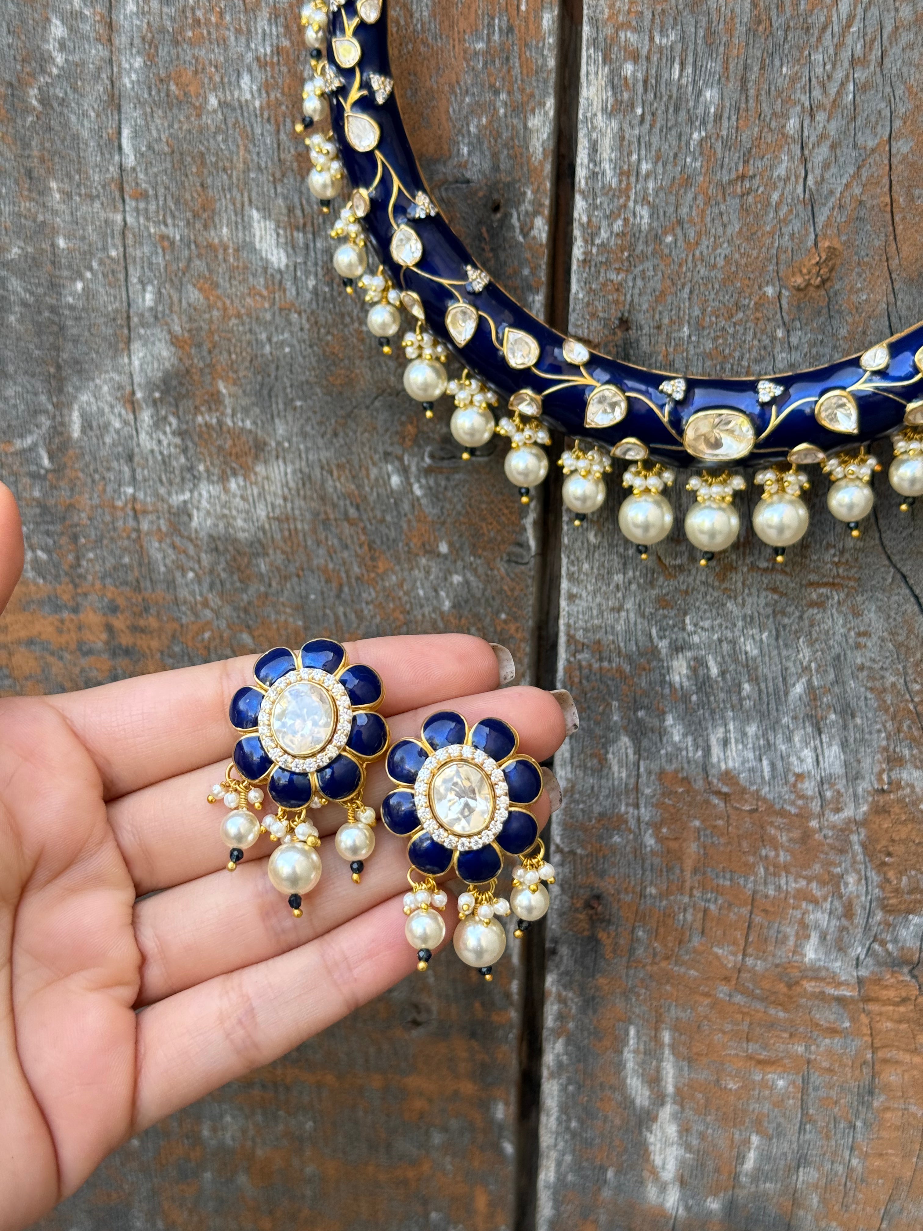 Blue Kundan Meenakari Hasli Set with Pearl