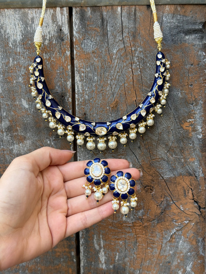 Blue Kundan Meenakari Hasli Set with Pearl
