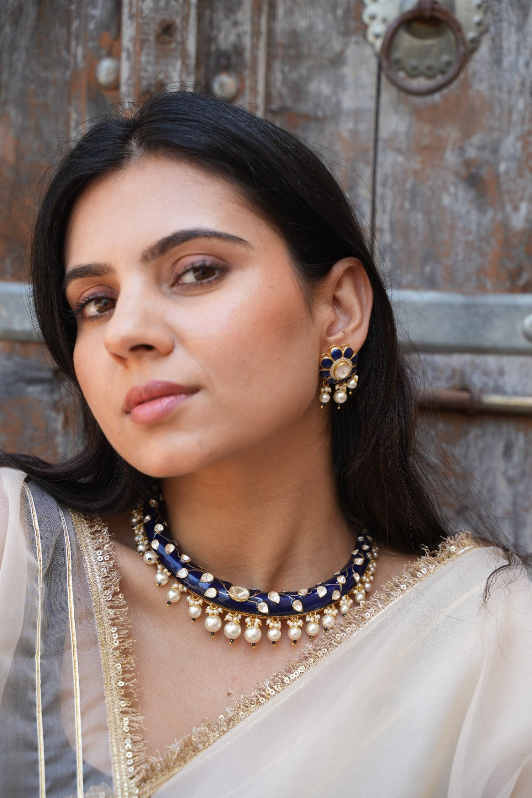Blue Kundan Meenakari Hasli Set with Pearl
