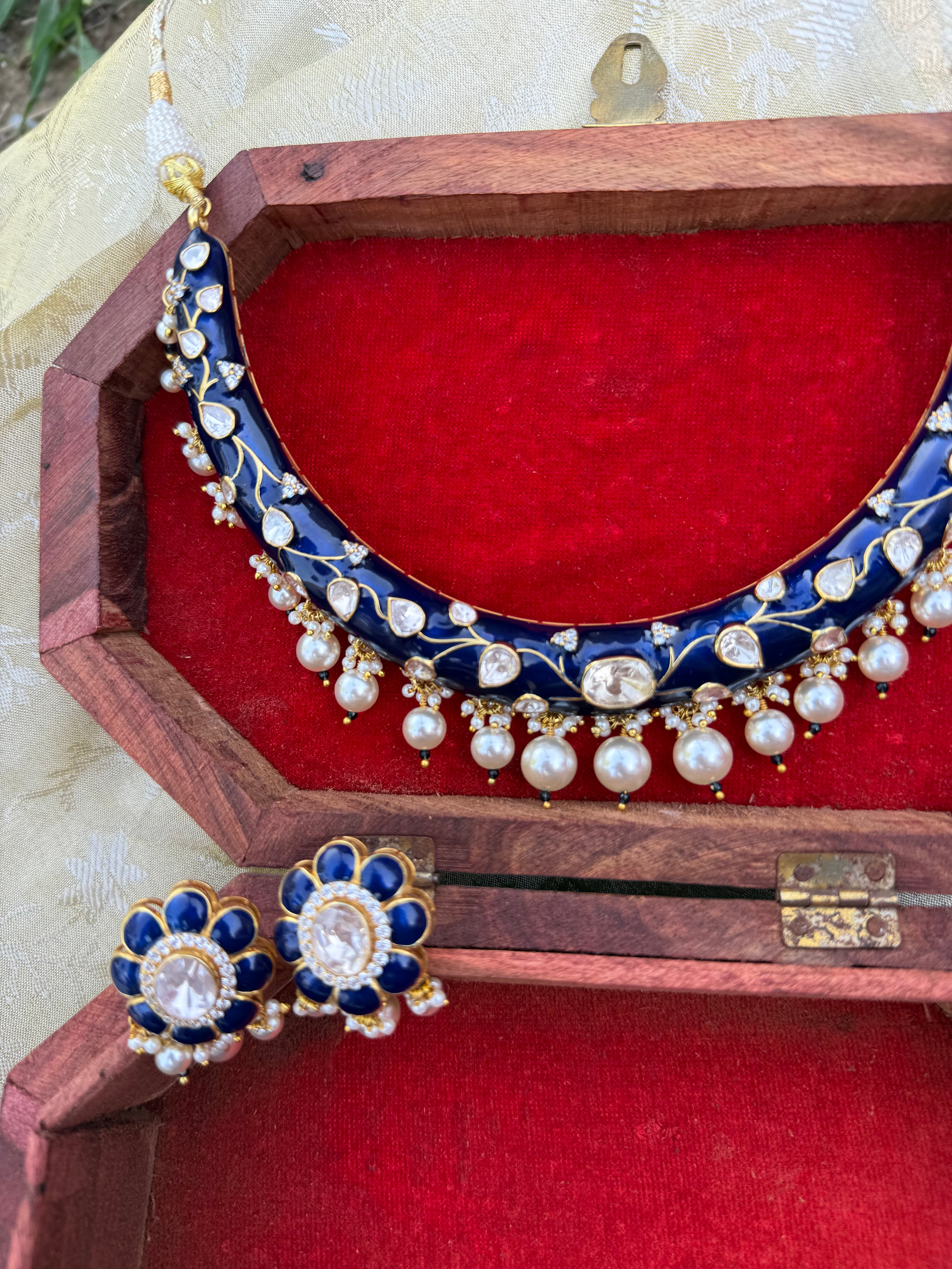 Blue Kundan Meenakari Hasli Set with Pearl