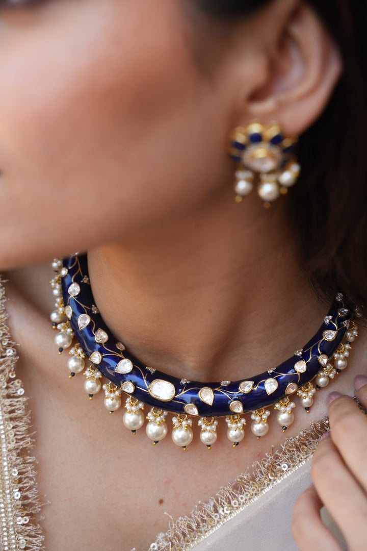Blue Kundan Meenakari Hasli Set with Pearl